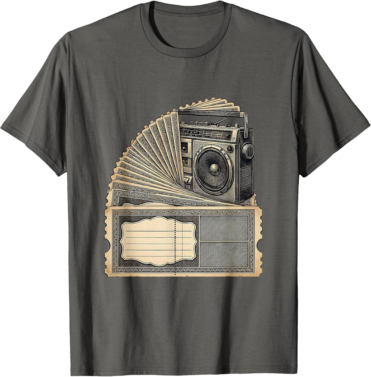 Food Stamp Coupon Parody Vintage Boombox Hip-Hop Humor T-Shirt - Asphalt Grey