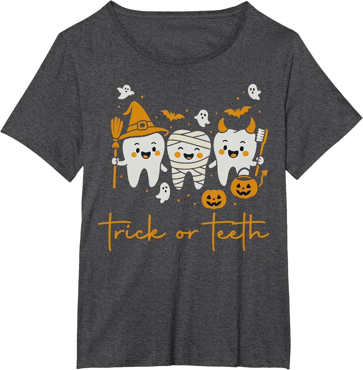 Funny Trick Or Teeth Dental Squad Halloween Dentist T-Shirt - Dark Heather Grey