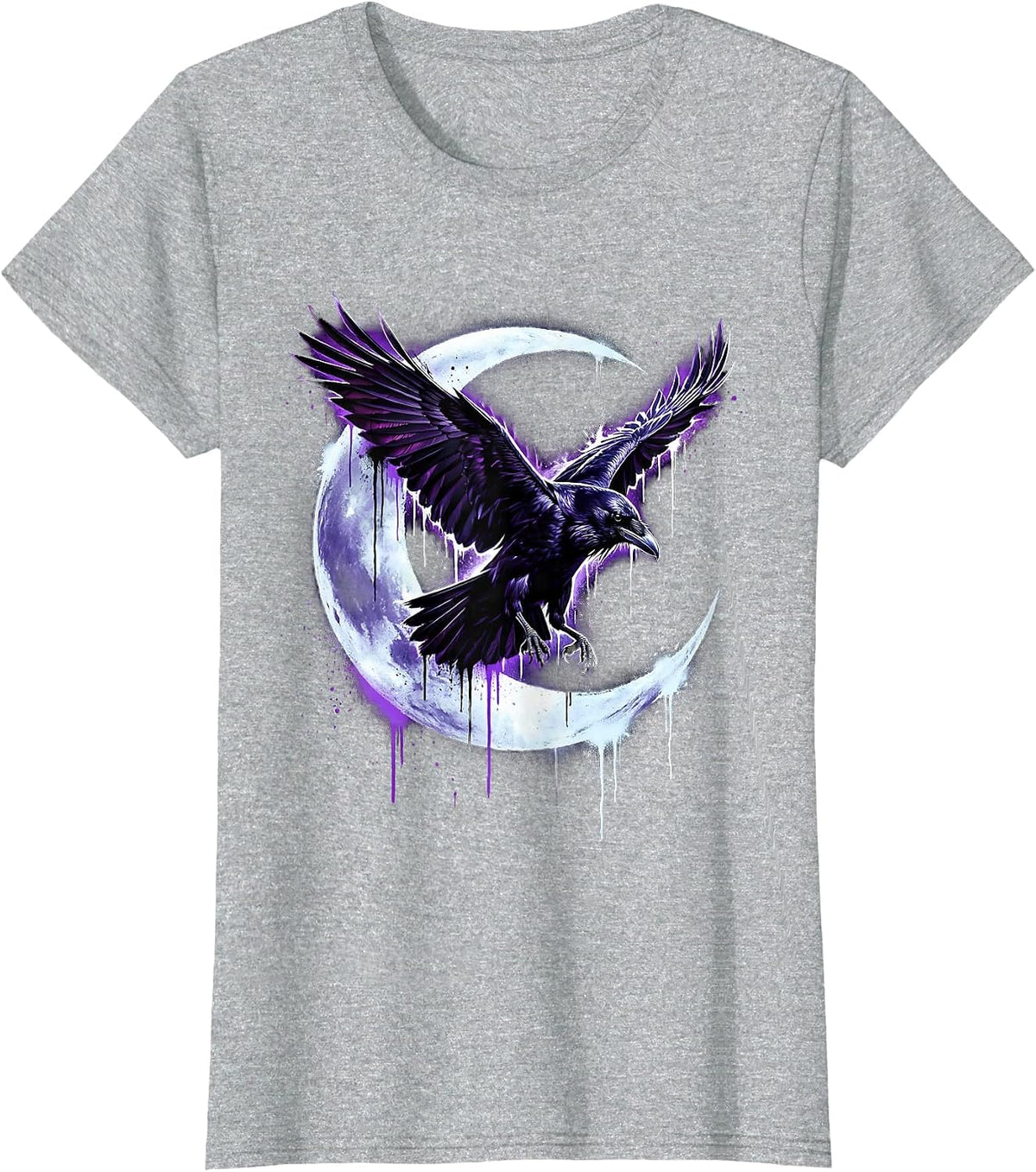 Women's Raven Flying Through Crescent Moon Silhouette T-Shirt - Heather Grey
