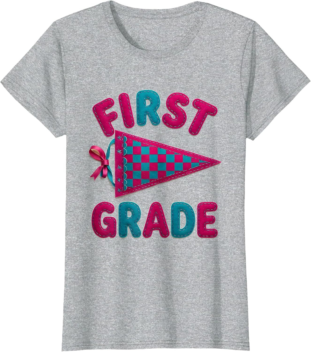 Women's First Grade Cheerful Pennant Back To School Girl T-Shirt - Heather Grey