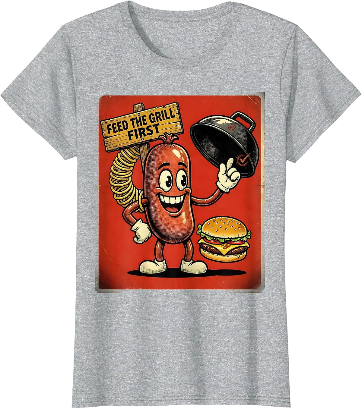 Women's Feed The Grill First Retro Cartoon Funny BBQ Grilling 4th Of T-Shirt - Heather Grey