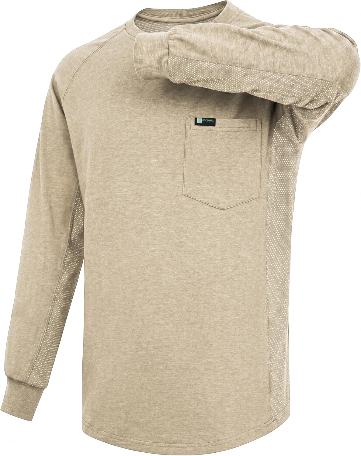 BOCOMAL Non FR- Men's Work Shirts, Long Sleeve Breathable Mesh, Relaxed Fit - Heather Khaki