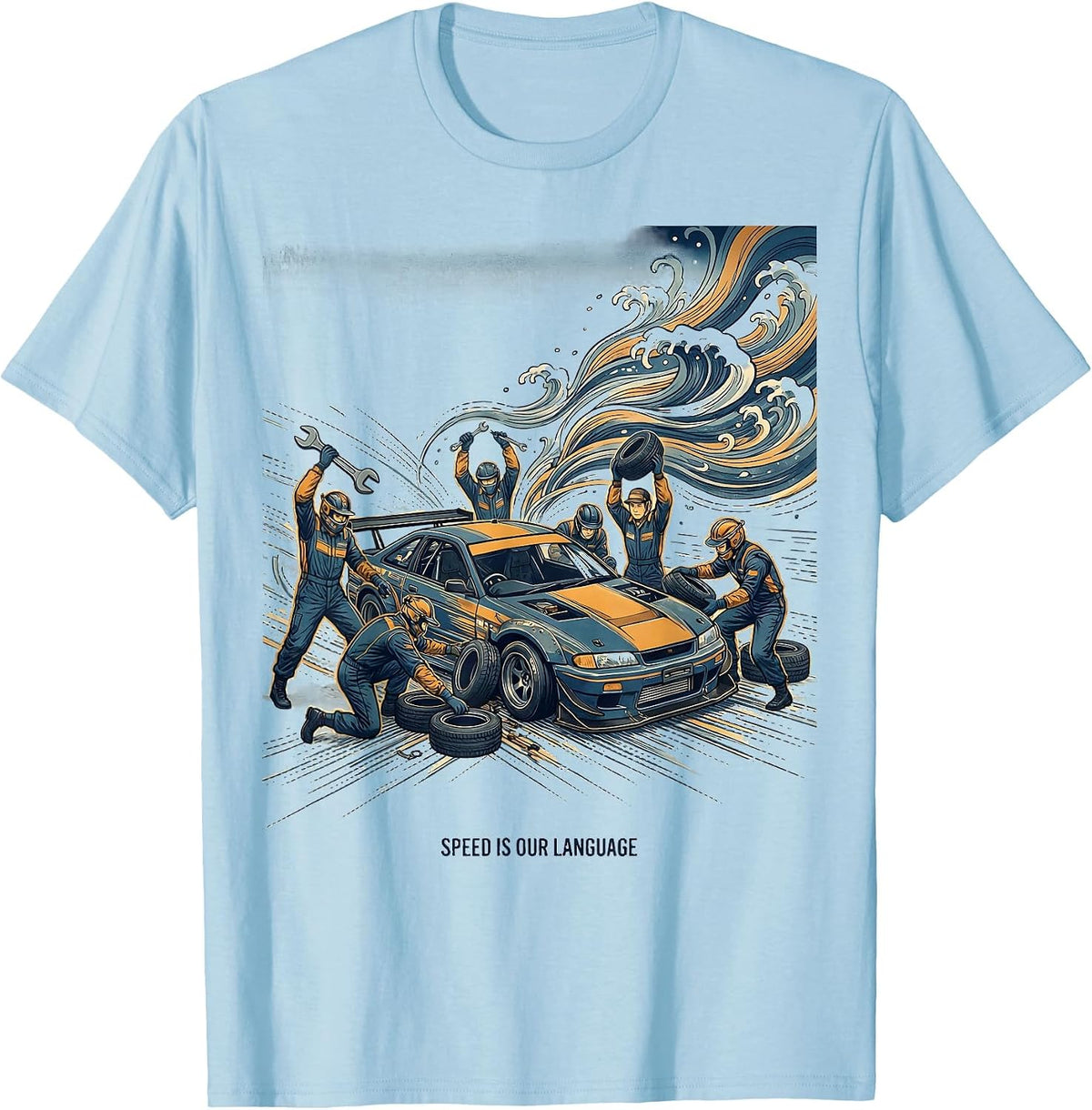 Men's Speed Is Our Language Pit Crew Racing Design T-Shirt - Baby Blue