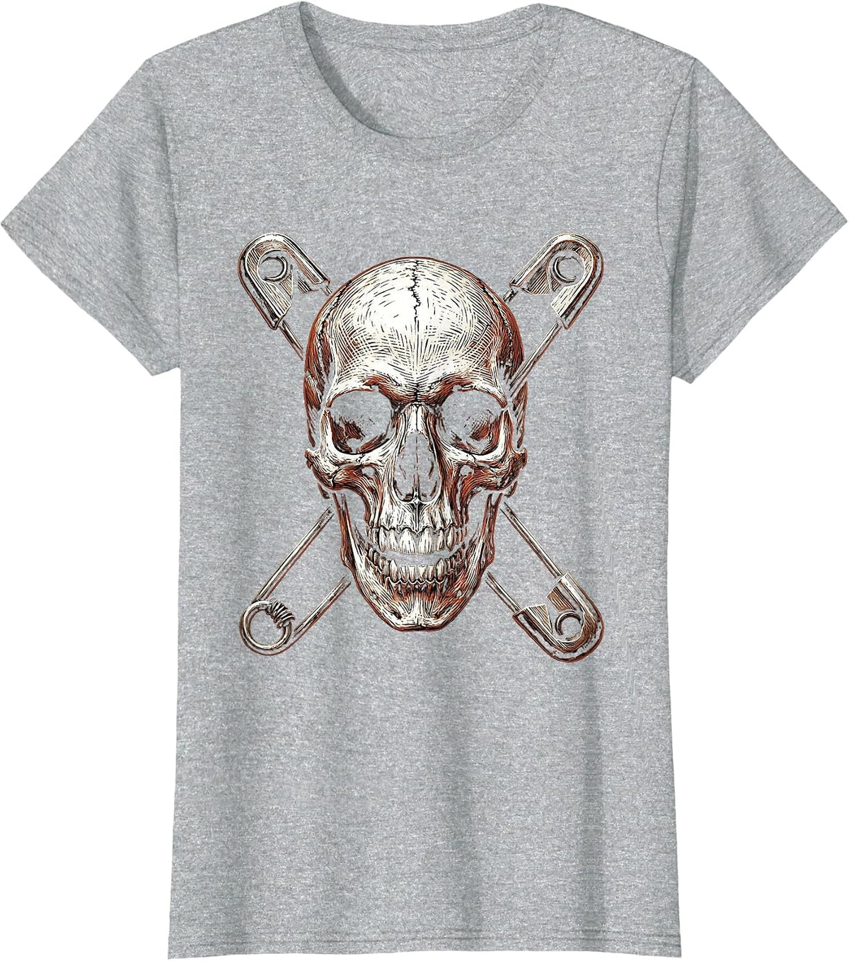 Crow Skull Crossed Safety Pins Punk Art T-Shirt - Heather Grey