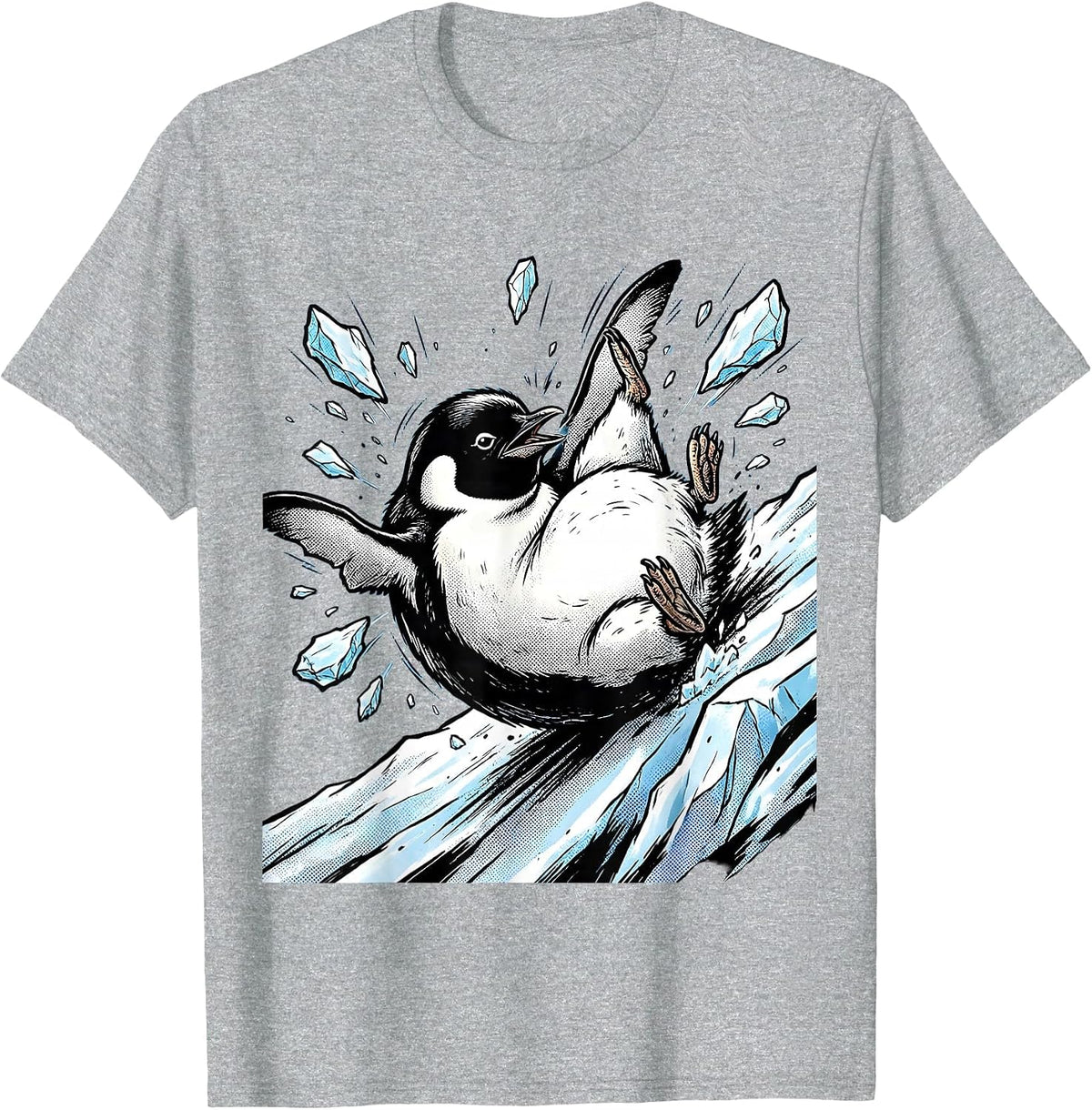 Men's Funny Penguin Wiping Out on Ice Slide T-Shirt - Heather Grey