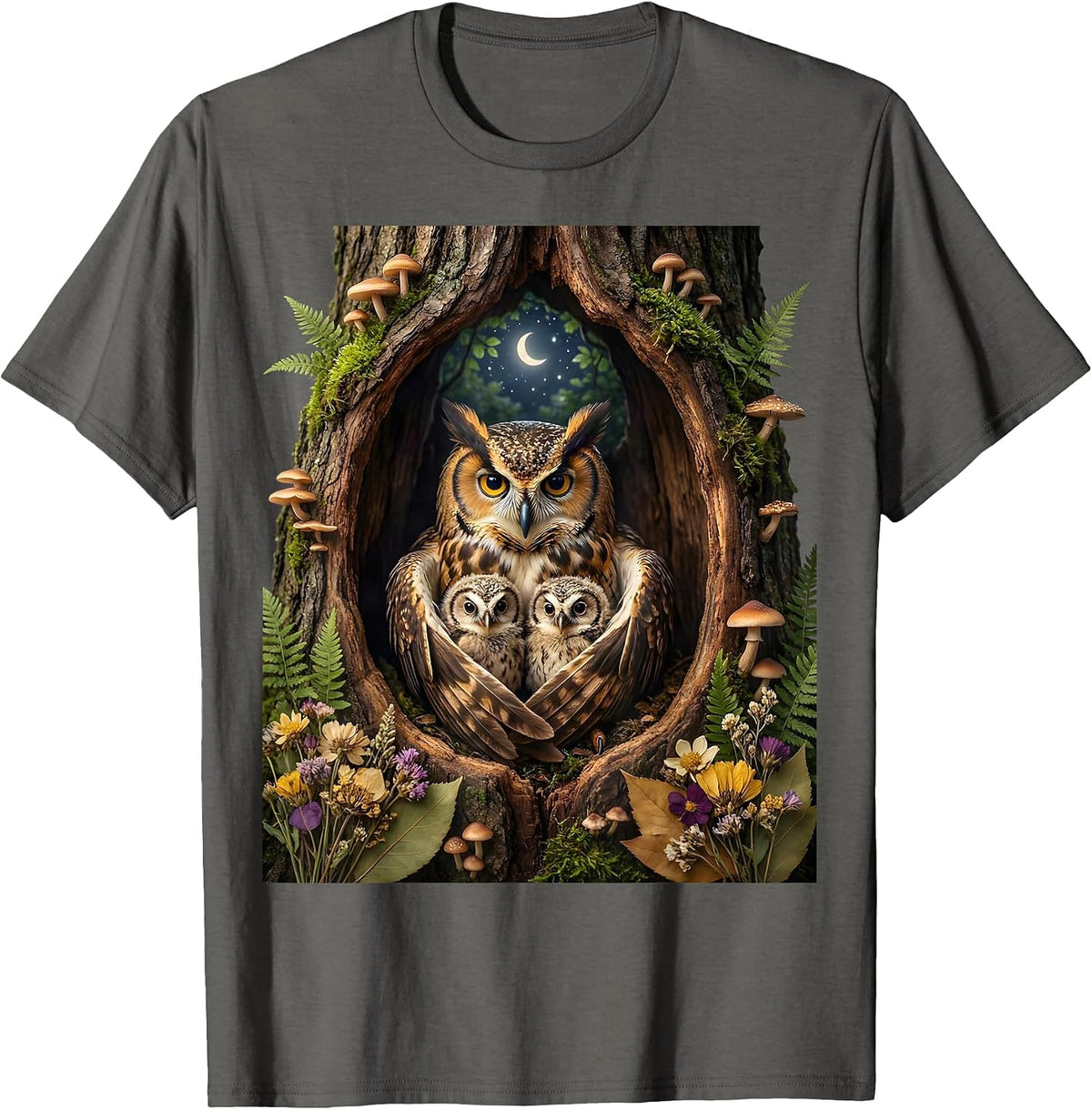 Mama Owl and Owlets in Hollow Tree Graphic T-Shirt - Asphalt Grey
