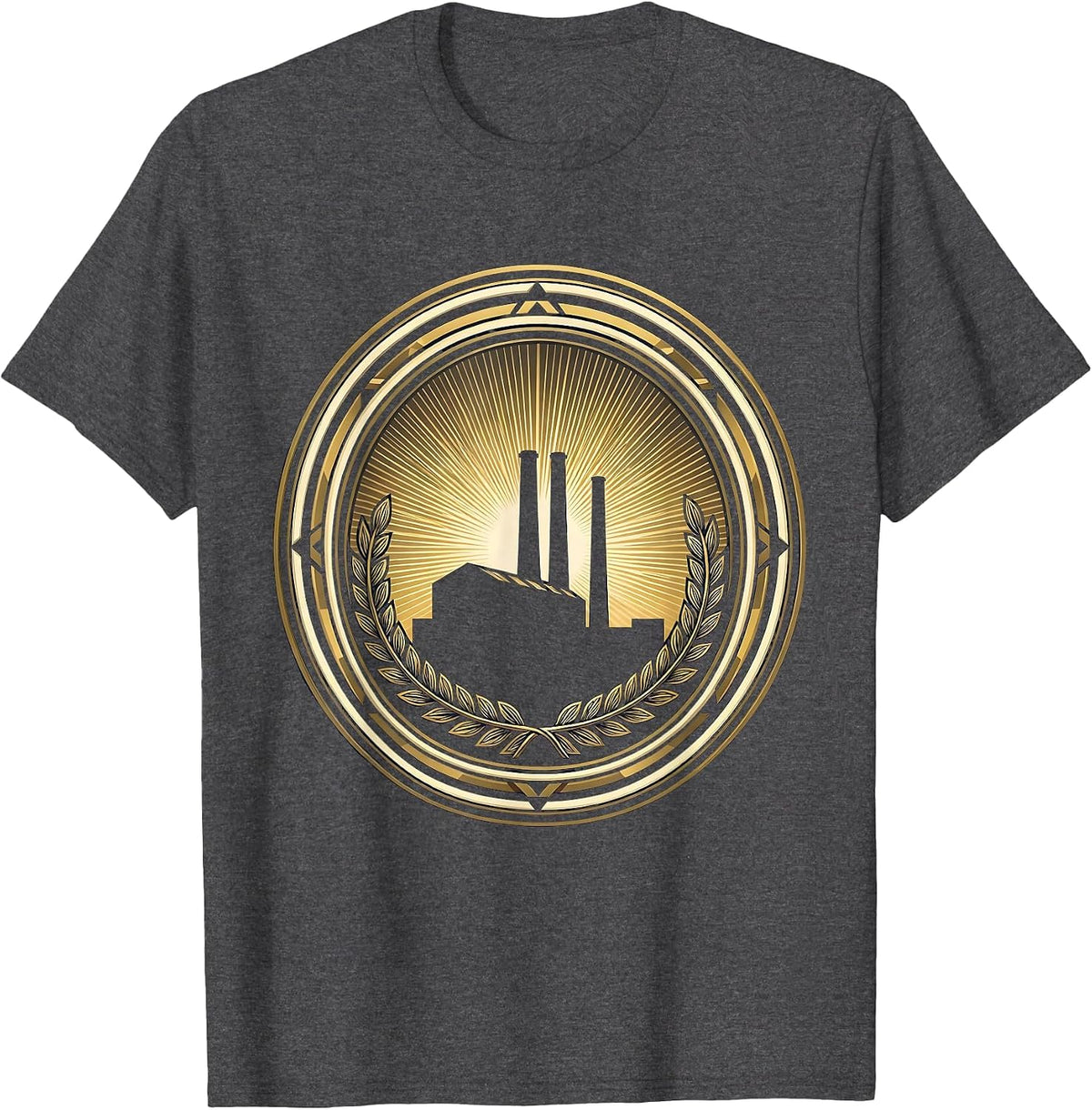 Labor Day Factory Smokestack Golden Sunrise T-Shirt - Dark Heather Grey