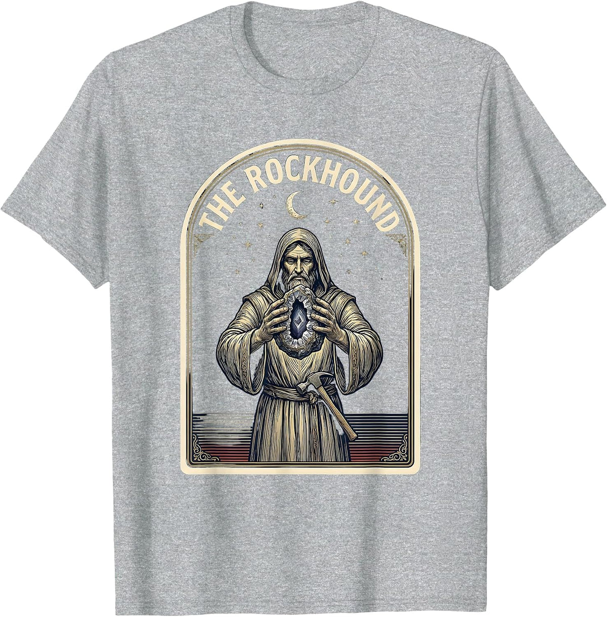 Men's The Rockhound Occult Emblem Hobbyist Tarot Card Humor T-Shirt - Heather Grey