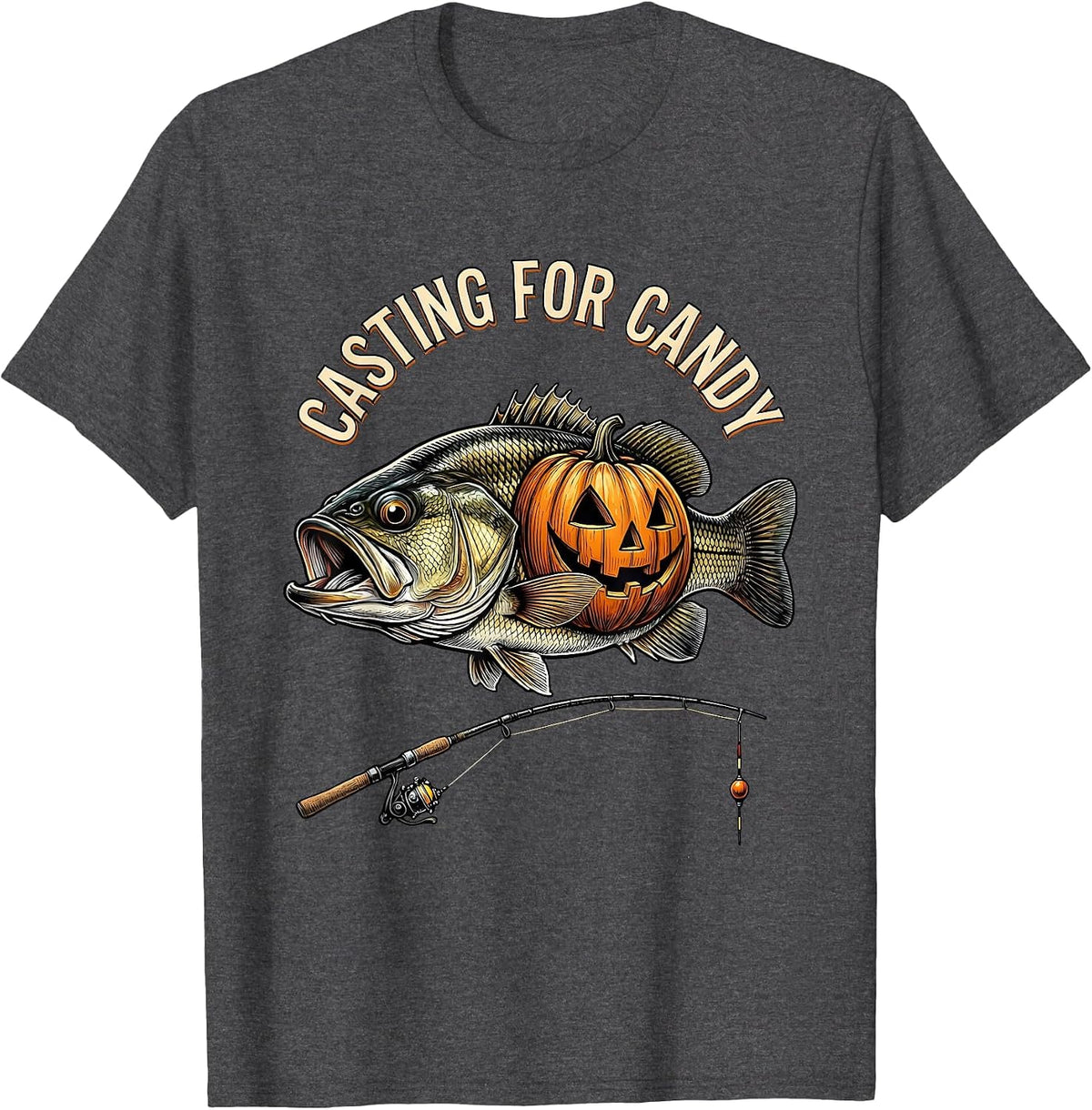 Men's Casting for Candy Funny Halloween Skeleton Fishing Bass T-Shirt - Dark Heather Grey