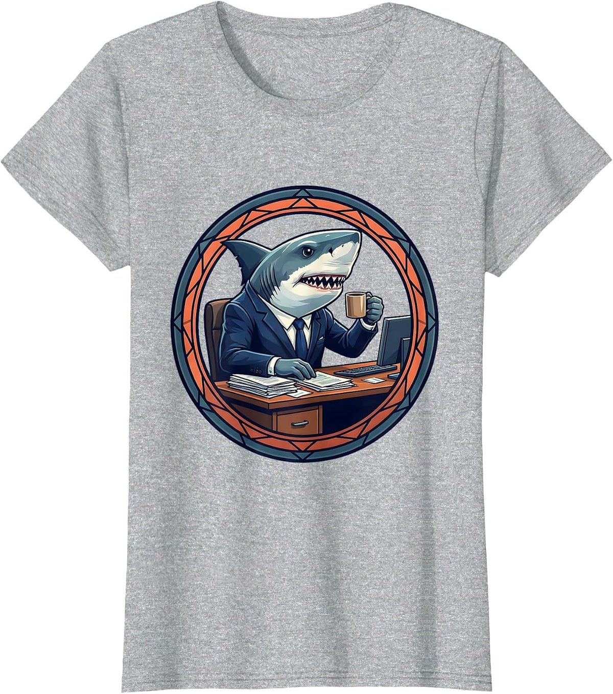 Shark Business Suit Office Desk Funny Graphic T-Shirt - Heather Grey
