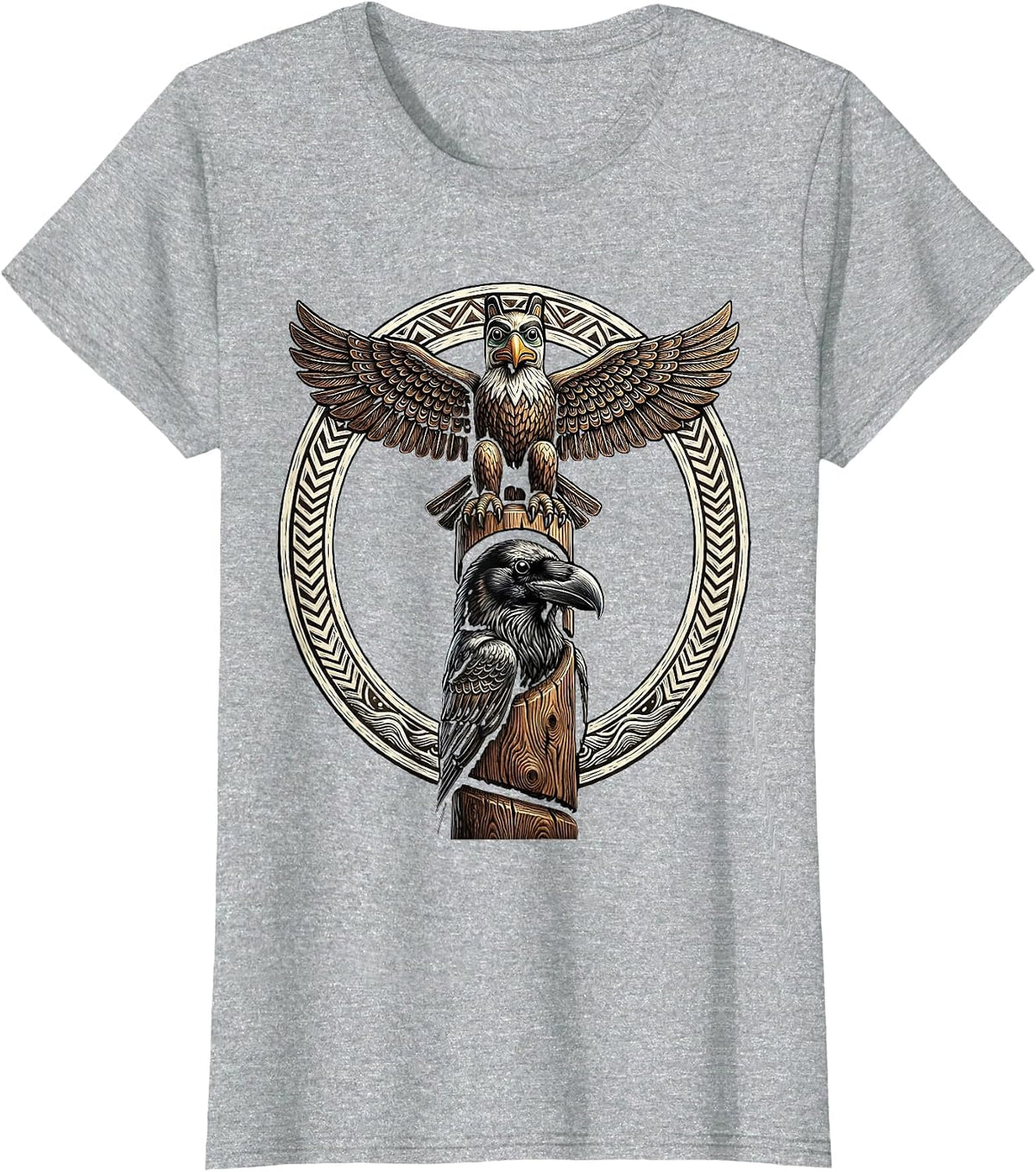 Alaska Totem Pole Eagle and Raven Illustration T-Shirt - Heather Grey