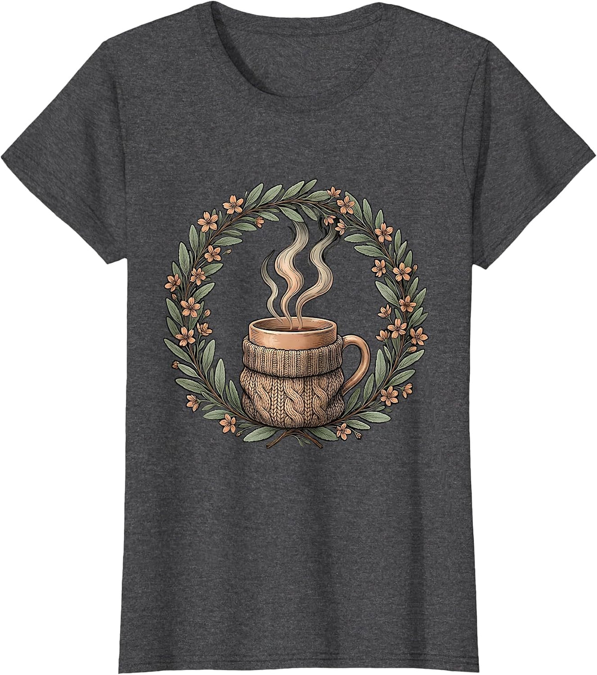 Women's Cozy Season Knit Sweater Mug Illustration T-Shirt - Dark Heather Grey