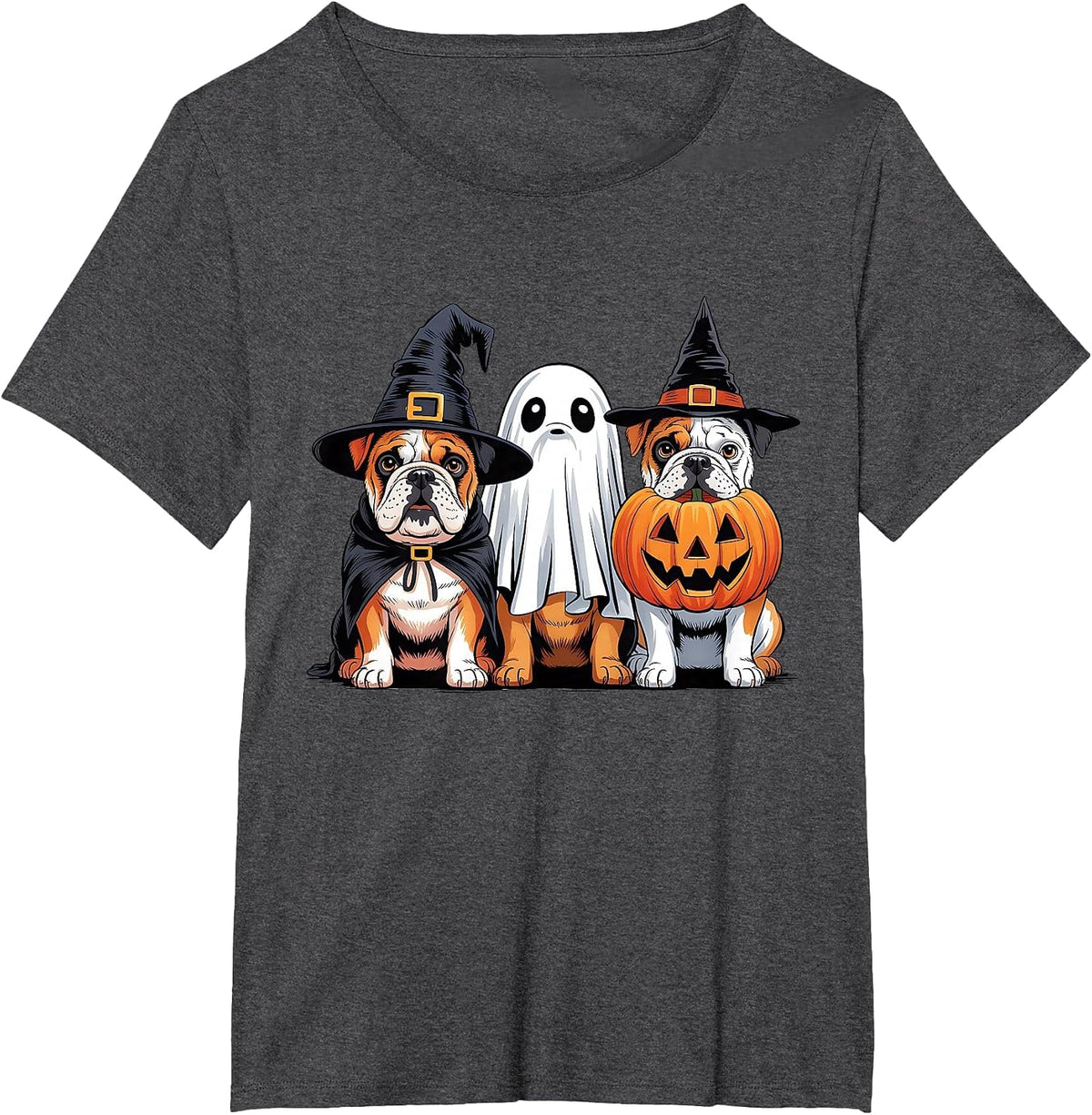 English Bulldog Halloween Funny Dog Lover Pumpkin Witch T-Shirt - Dark Heather Grey