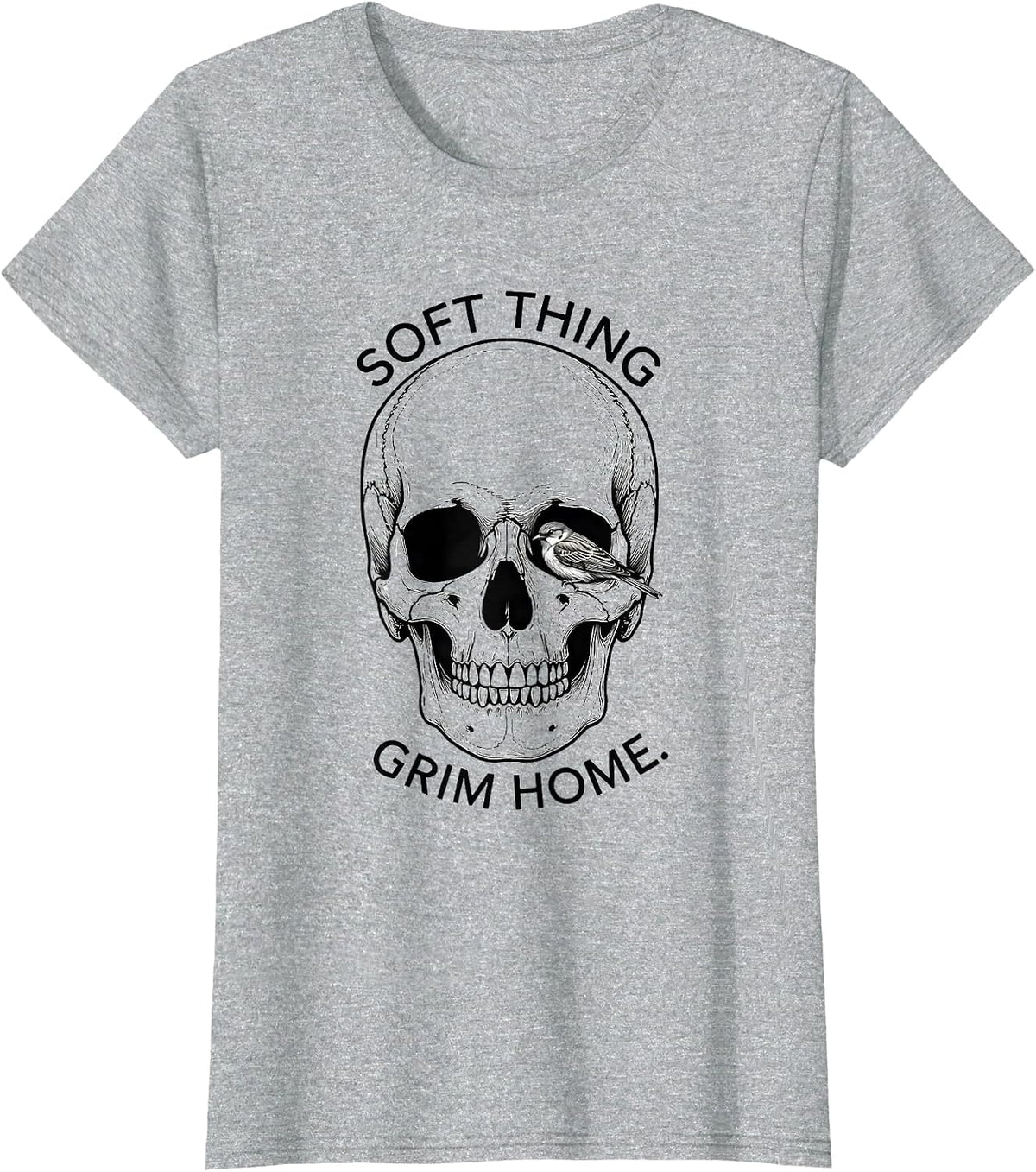 Women's Soft Thing Grim Home Line Art Skull Punk Horror Graphic T-Shirt - Heather Grey