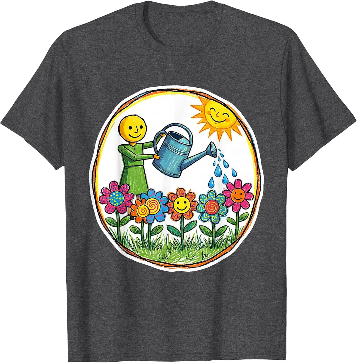 Men's Preschool Teacher Watering Children Flowers Art T-Shirt - Dark Heather Grey