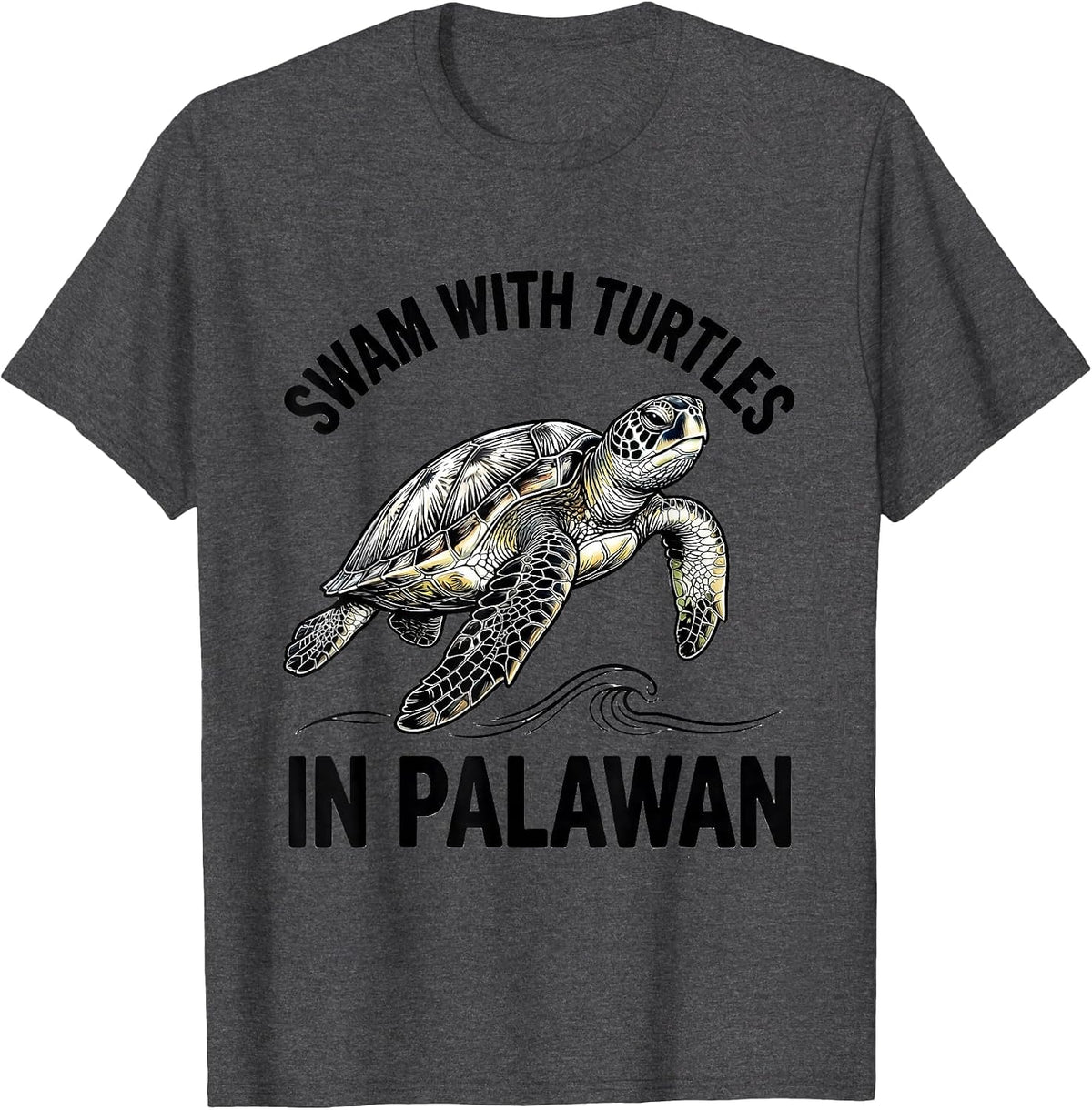Swam With Turtles In Palawan Line Art Sea Turtle Souvenir T-Shirt - Dark Heather Grey