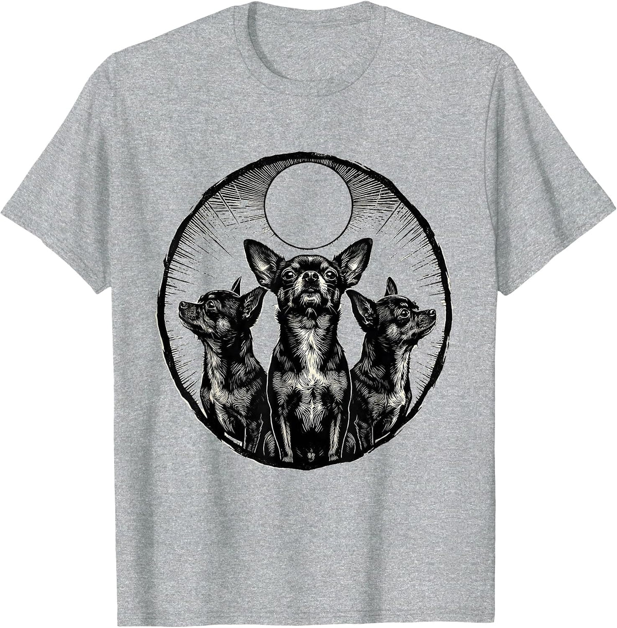 Men's Three Chihuahuas Howl At Moon Funny Wolf Parody T-Shirt - Heather Grey