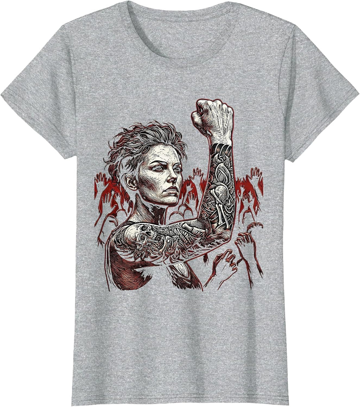 Women's Grunge Tattooed Fist Raise Crowd Illustration T-Shirt - Heather Grey