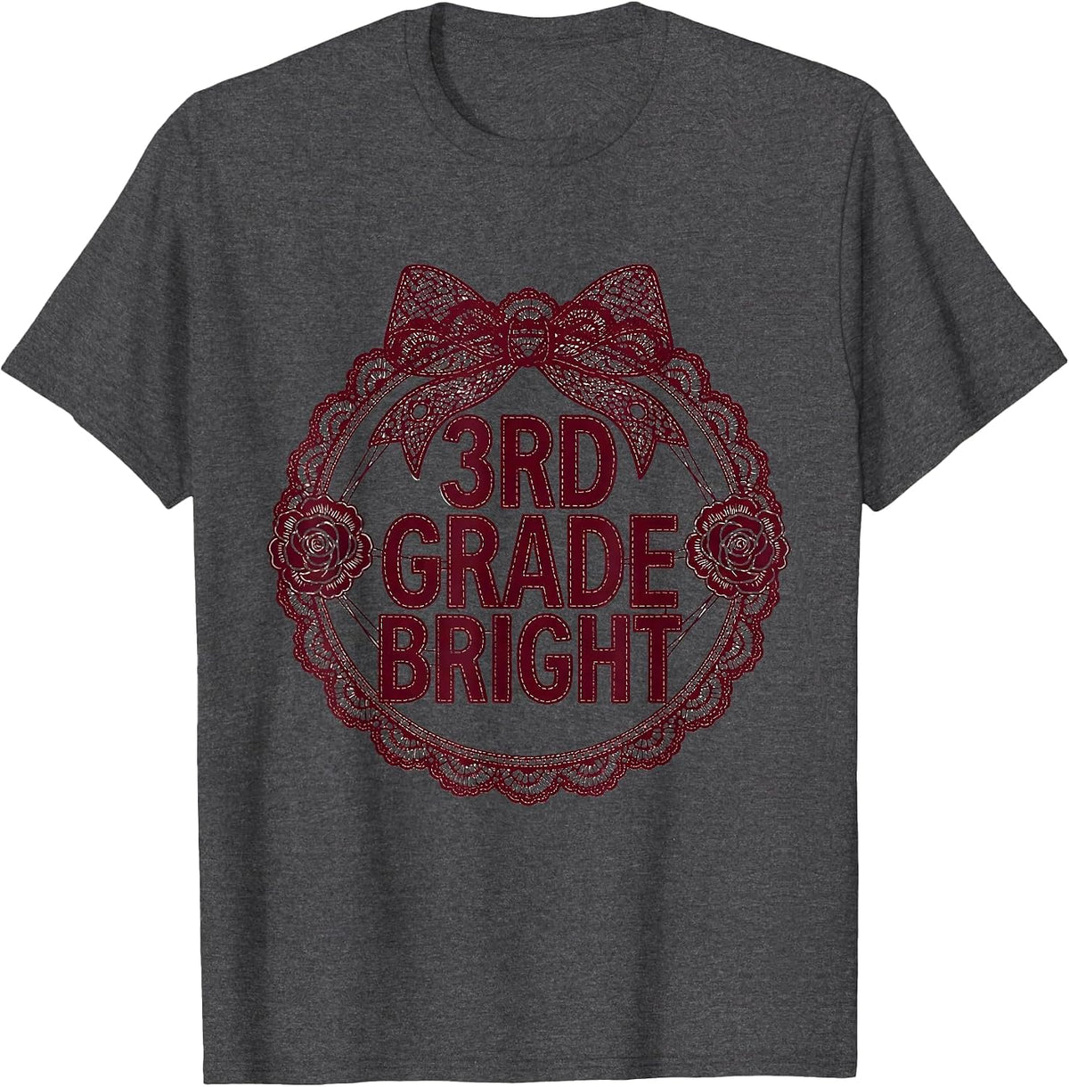 3rd Grade Bright Lace Cutwork Back to School Coquette Bow T-Shirt - Dark Heather Grey