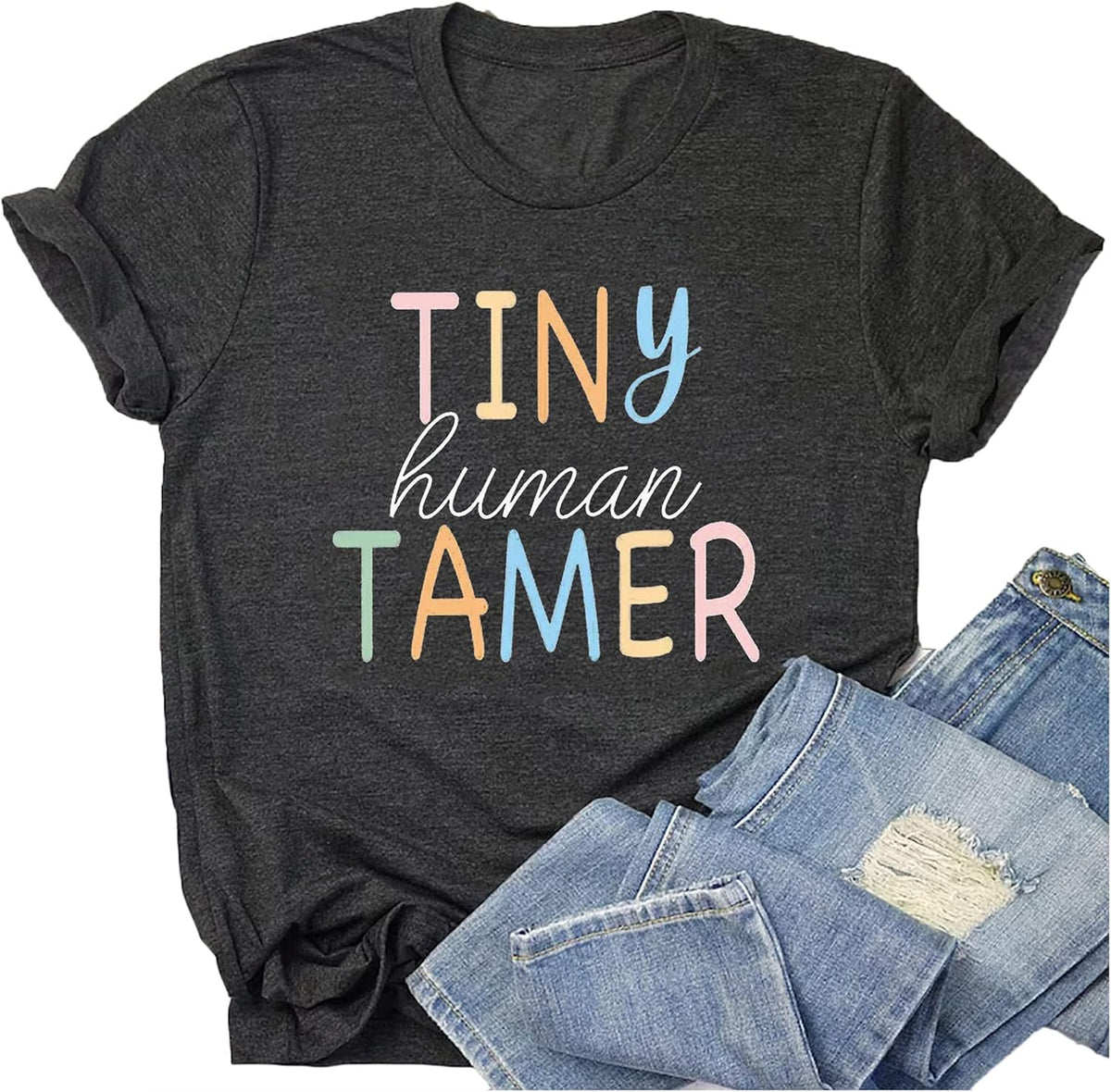 Teacher Shirts for Women - Kindergarten & Elementary School Teaching Tee Funny Tiny Human Tamer Graphic Tees Tops - Grey