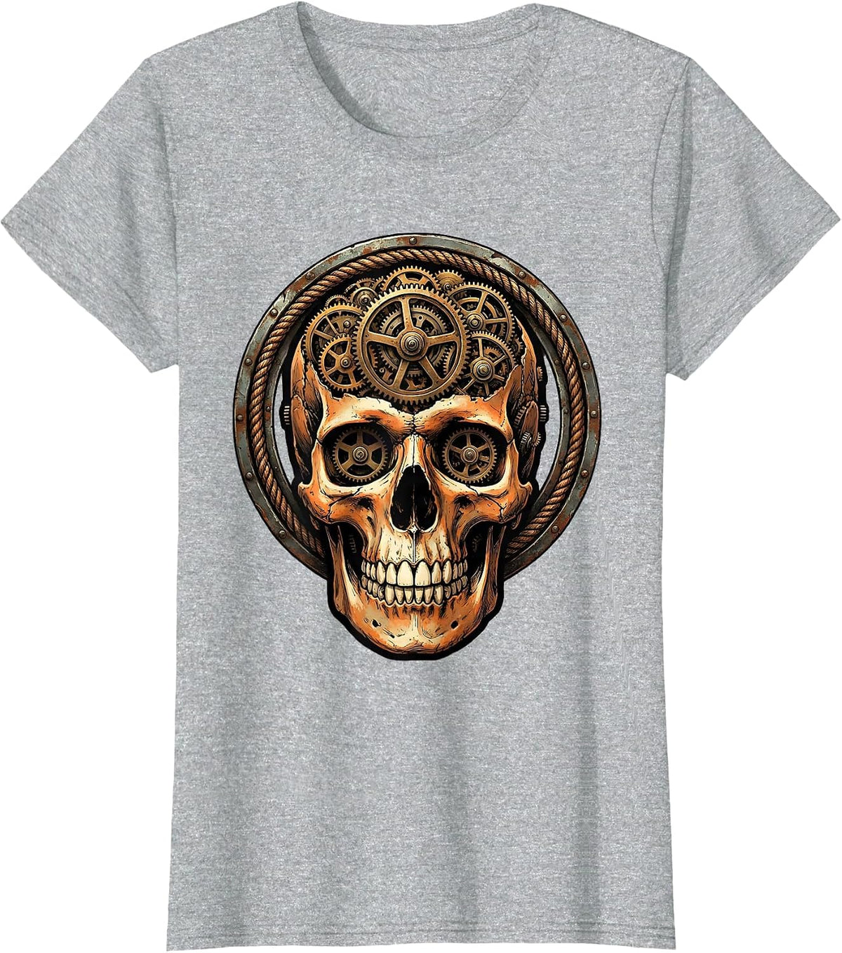 Skull Clock Gears Vintage Steampunk Illustration T-Shirt - Heather Grey
