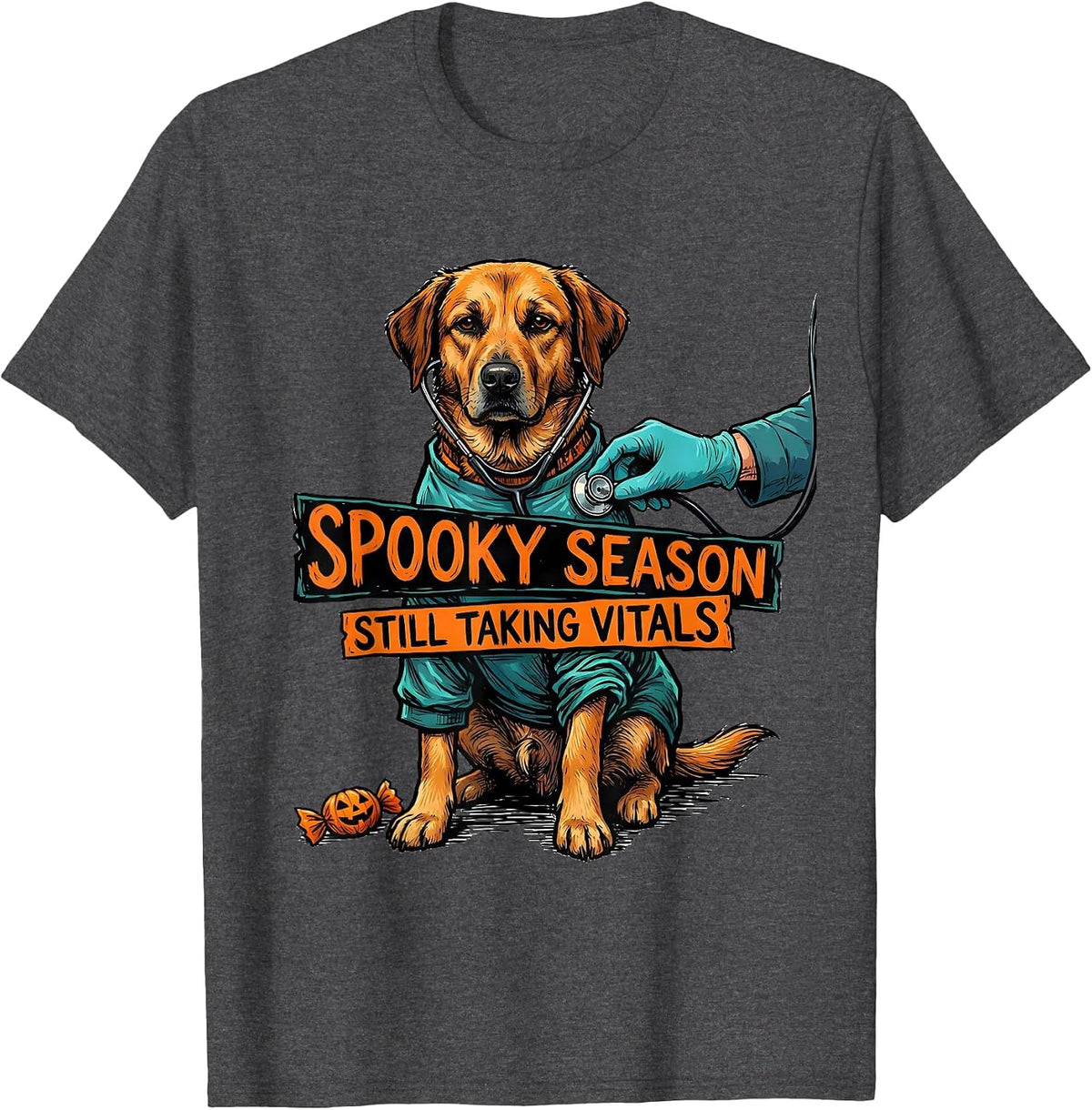 Men's Spooky Season, Still Taking Vitals Funny Vet Tech Veterinary T-Shirt - Dark Heather Grey