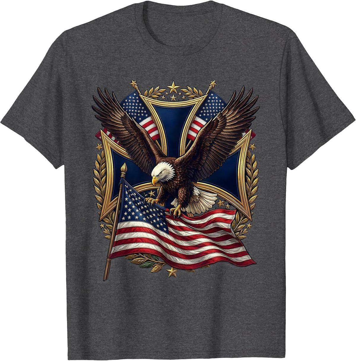 Men's Bald Eagle American Flag Patriotic Design T-Shirt - Dark Heather Grey