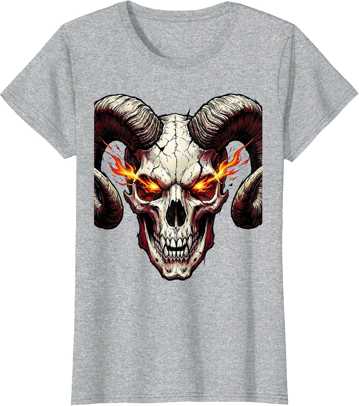 Horned Demon Skull With Burning Eyes Halloween T-Shirt - Heather Grey
