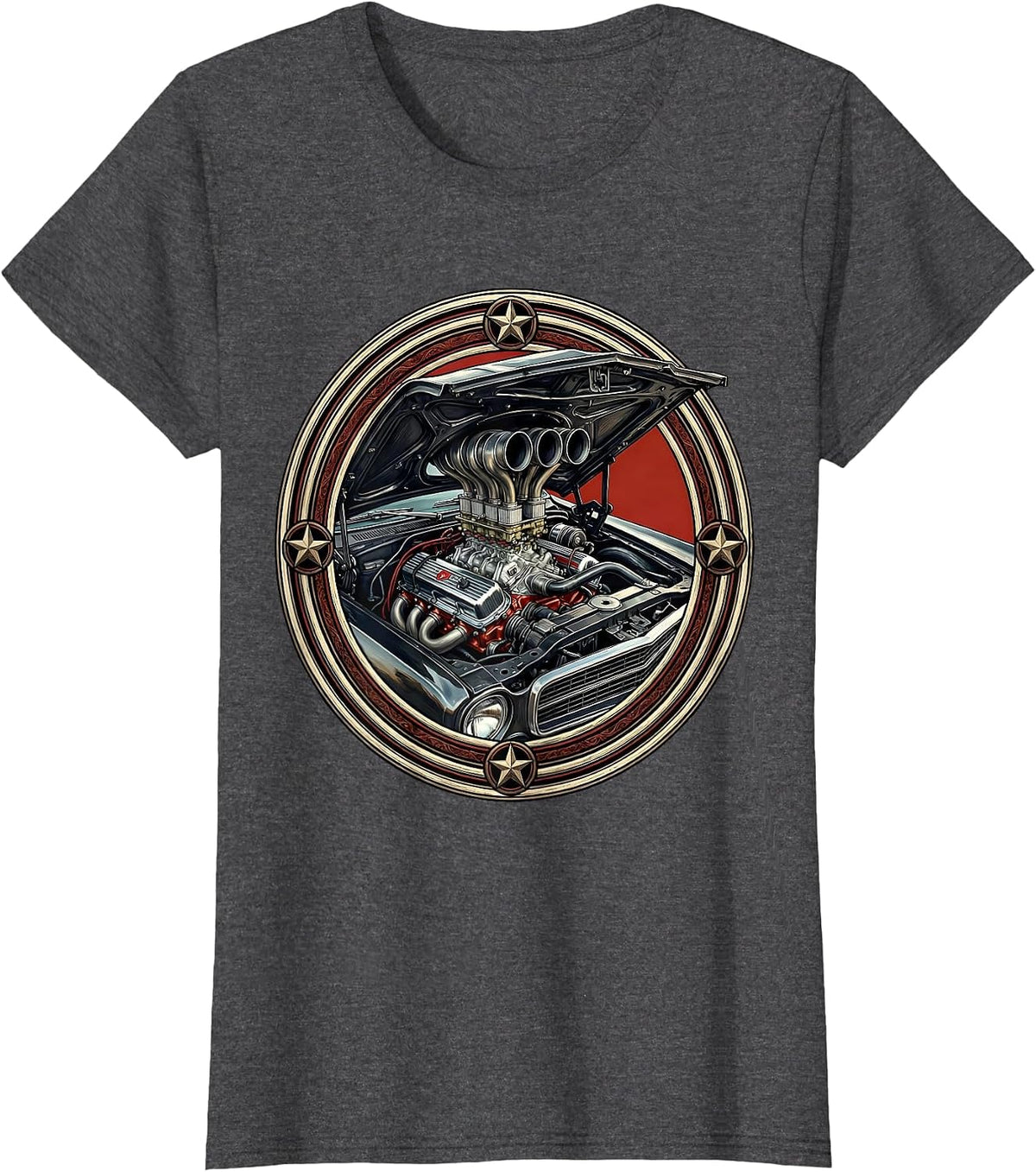 Women's Vintage Hot Rod Engine Bursting Through Hood T-Shirt - Dark Heather Grey
