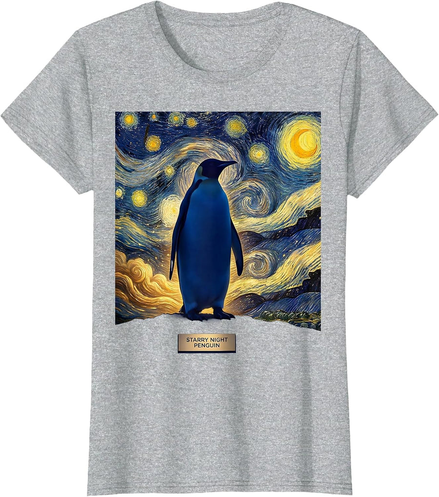 Starry Night Penguin Van Gogh Animal Lover Art Homage T-Shirt - Heather Grey
