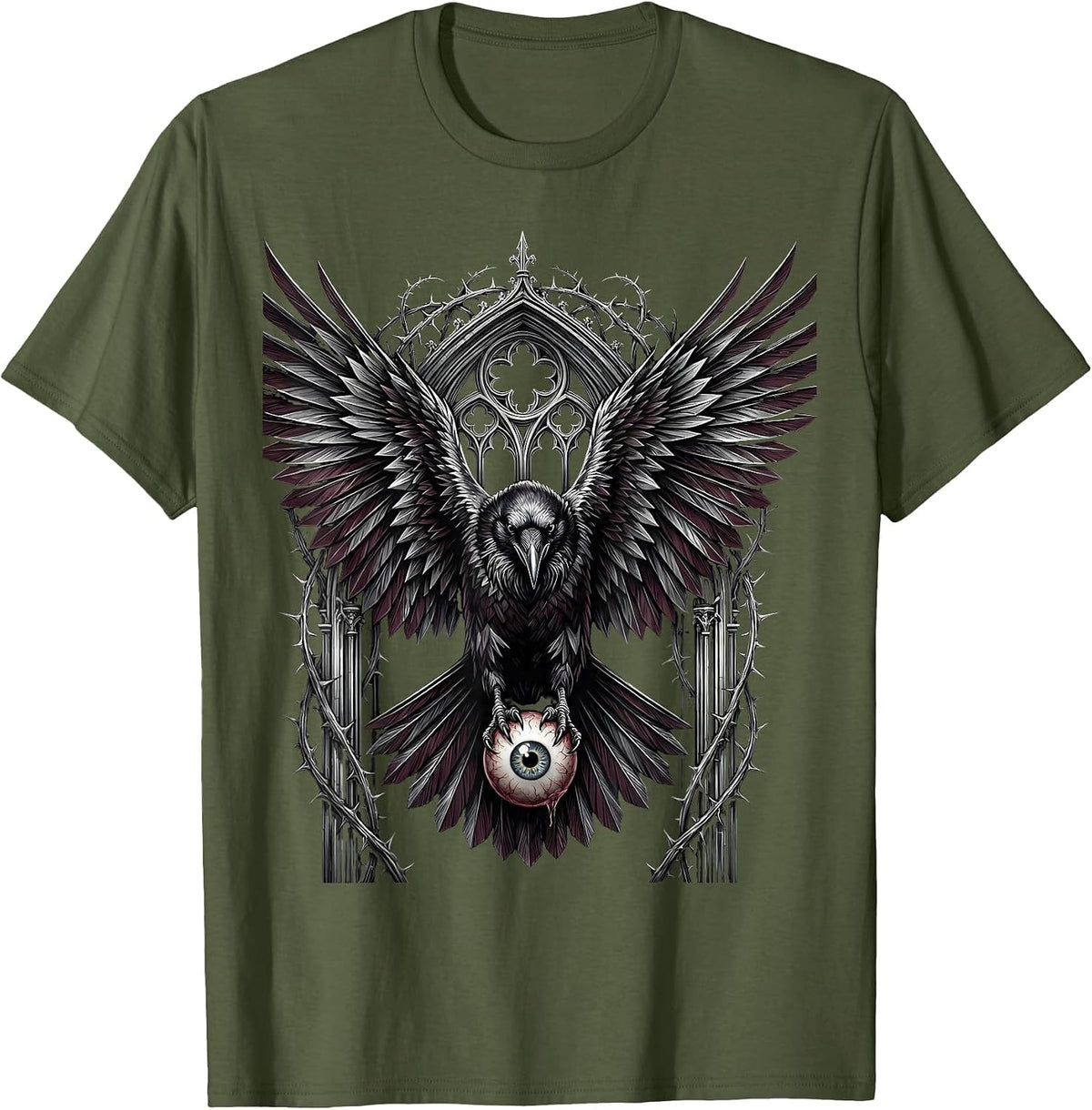 Men's Raven With Eyeball Spooky Gothic Bird Design T-Shirt - Olive Green