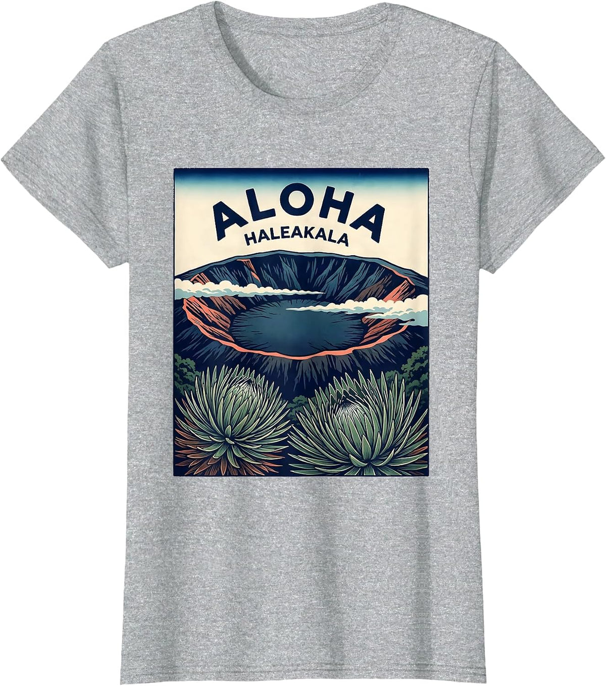 Aloha Haleakala Ukiyo E Vintage Hawaii Luau Party Souvenir T-Shirt - Heather Grey
