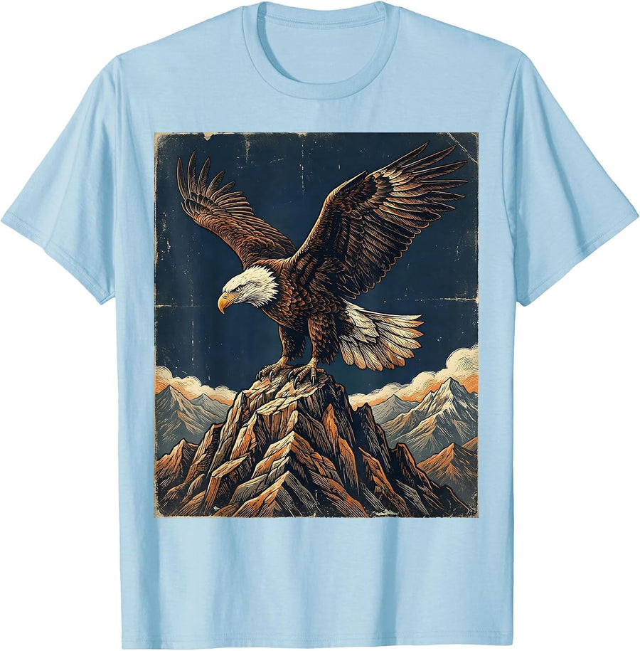 Men's Bald Eagle Mountain Peak Patriotic USA Design T-Shirt - Baby Blue