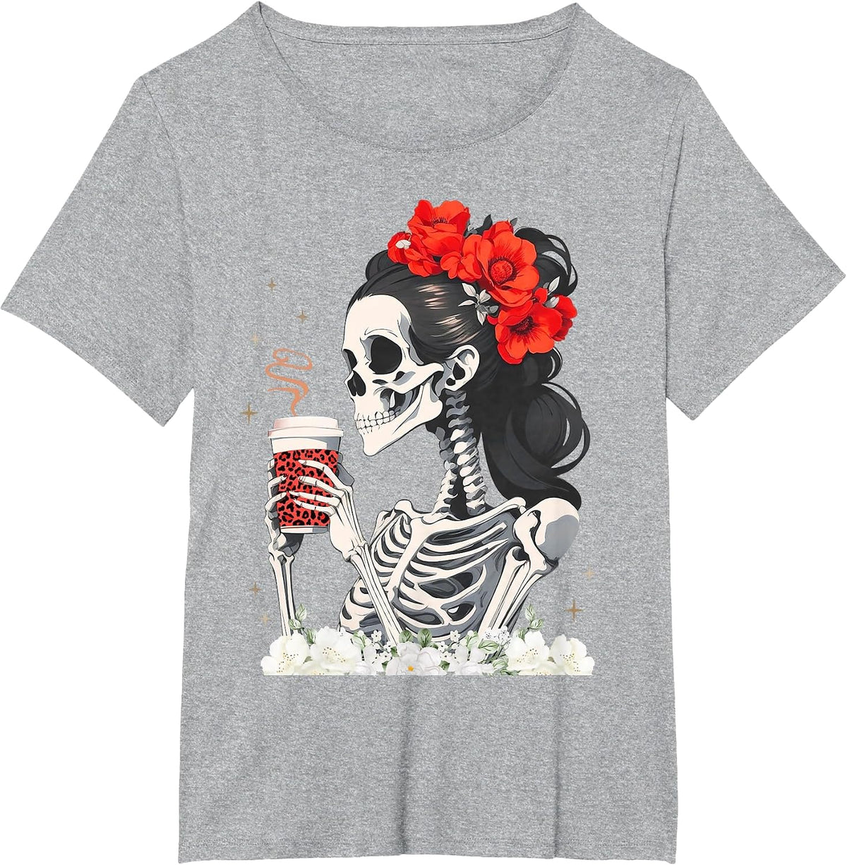 Skeleton Messy Bun Coffee Funny Costume Mom Women T-Shirt - Heather Grey