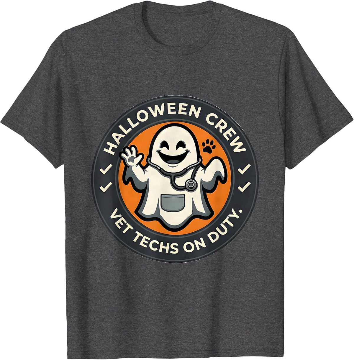 Men's Halloween Crew Vet Techs On Duty Whimsical Workplace Humor T-Shirt - Dark Heather Grey