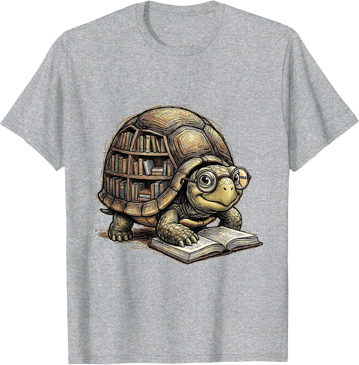 Men's Cute Turtle Bookshelf Shell Reading Glasses Teacher T-Shirt - Heather Grey
