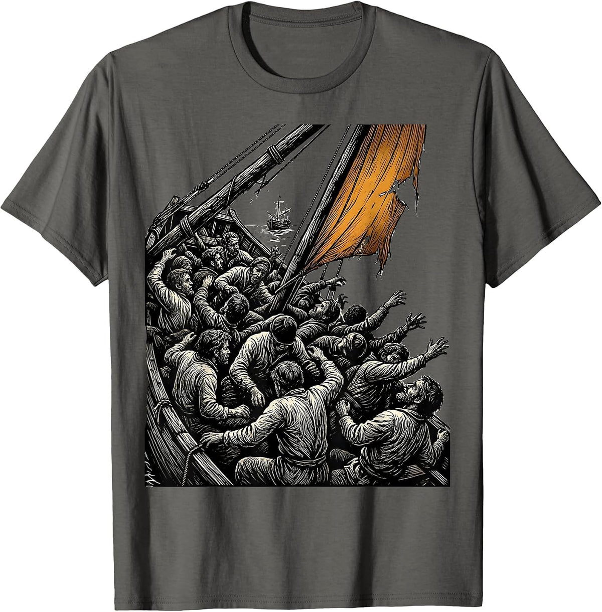 Cropped Raft Survivors Woodcut Engraving Art History Fan T-Shirt - Asphalt Grey
