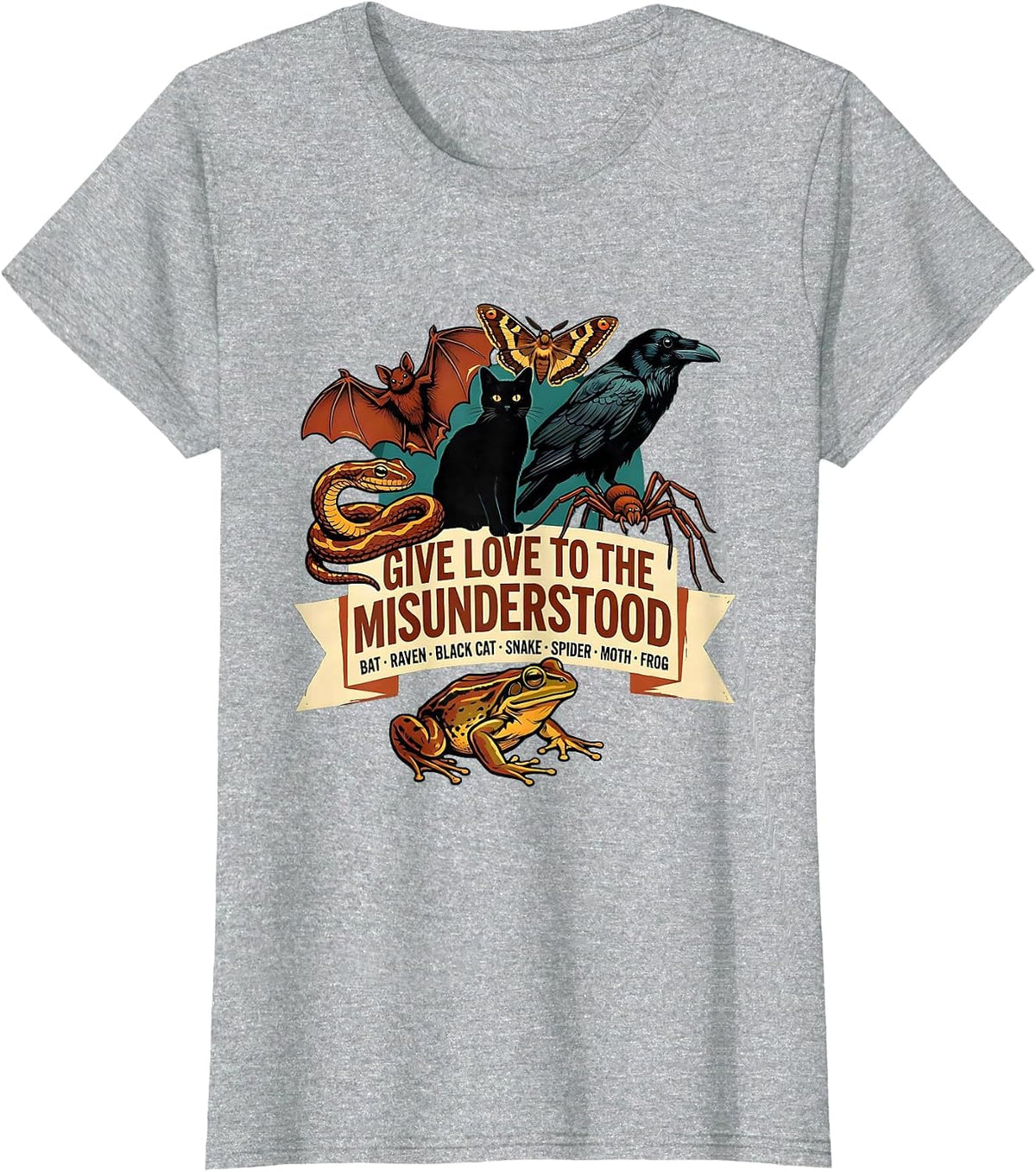 Women's Give Love To The Misunderstood Bat Raven Snake Spider Cat T-Shirt - Heather Grey