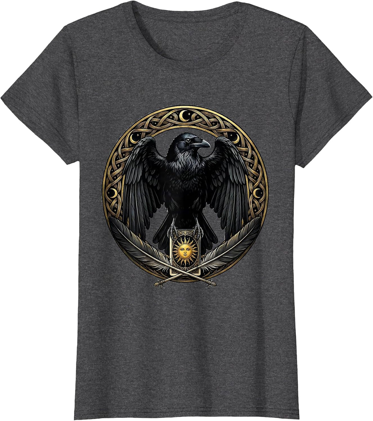 Women's Crow Holding Tarot Card Mystic Raven Illustration T-Shirt - Dark Heather Grey
