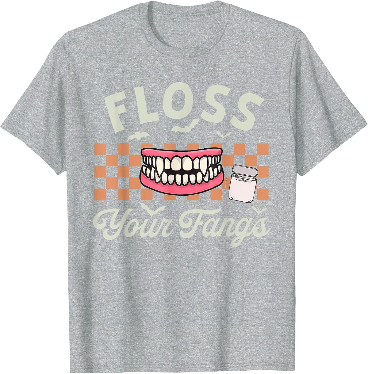 Retro Funny Teeth Floss Your Fangs Dentist Spooky Halloween T-Shirt - Heather Grey