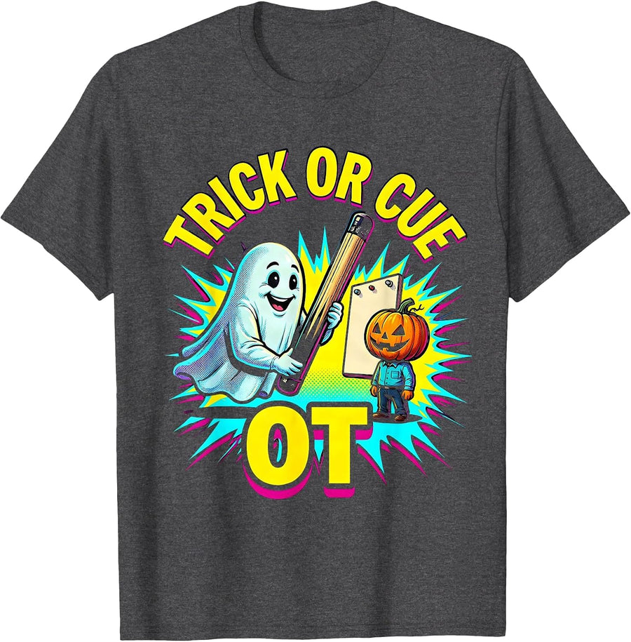 Men's Trick Or Cue OT Pop Art Occupational Therapist Halloween T-Shirt - Dark Heather Grey