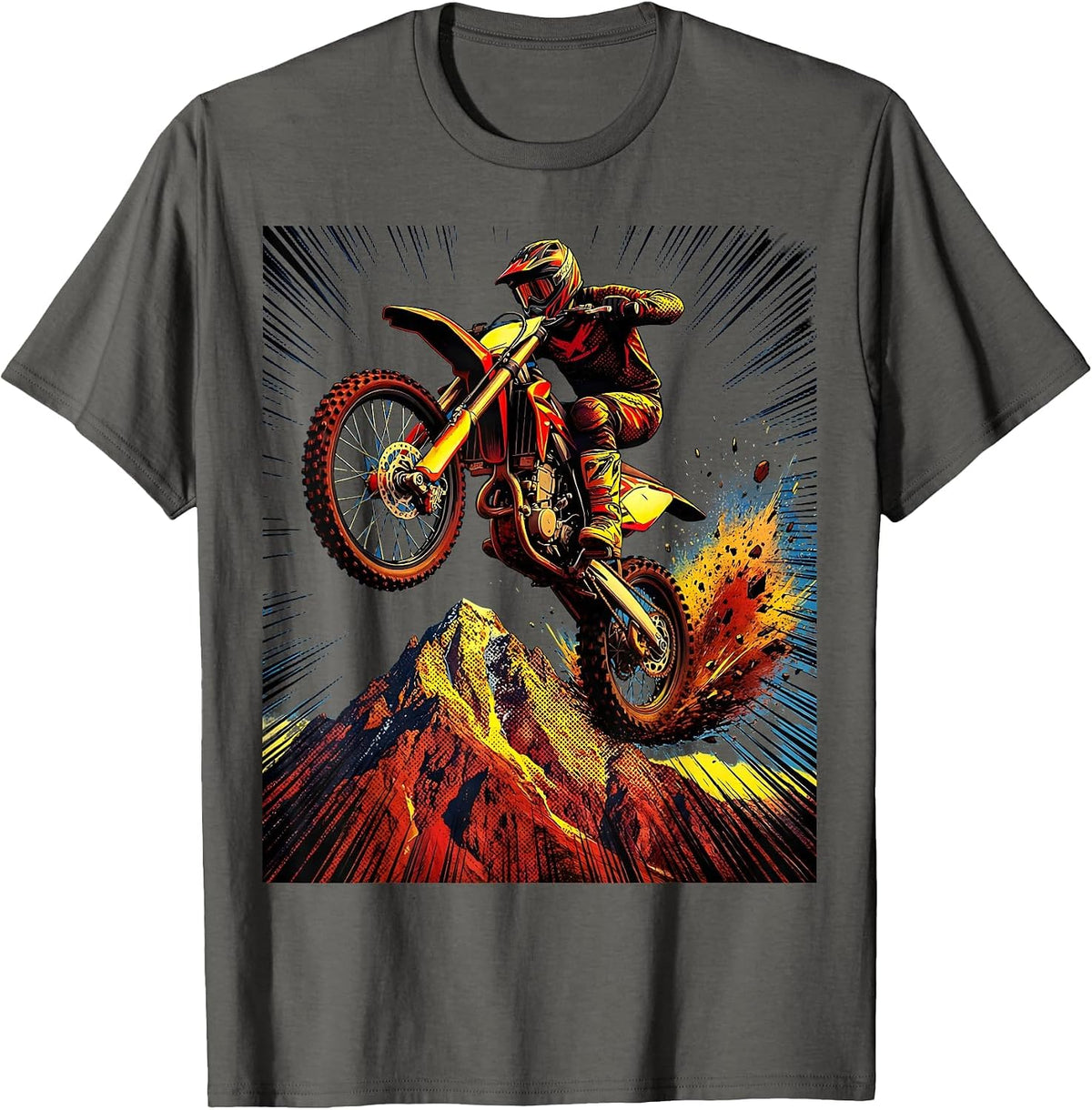 Motocross Bike Jumping Over Mountain Peak T-Shirt - Asphalt Grey