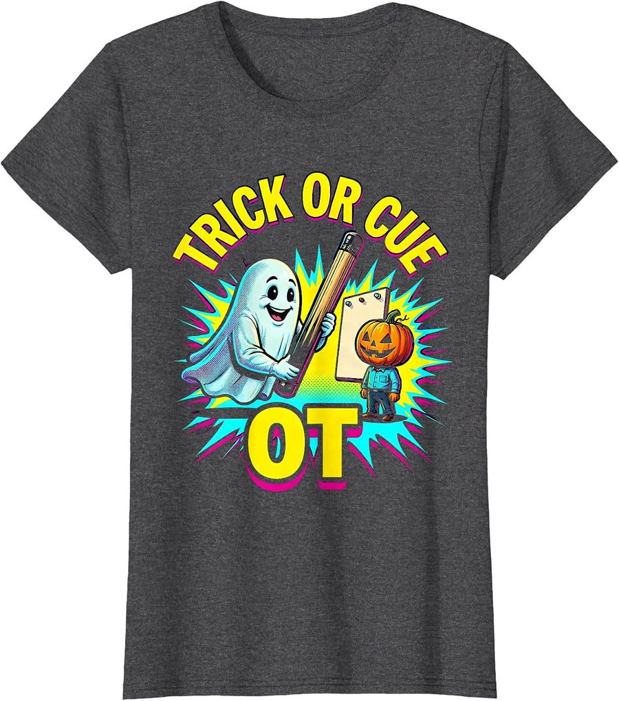 Women's Trick Or Cue OT Pop Art Occupational Therapist Halloween T-Shirt - Dark Heather Grey