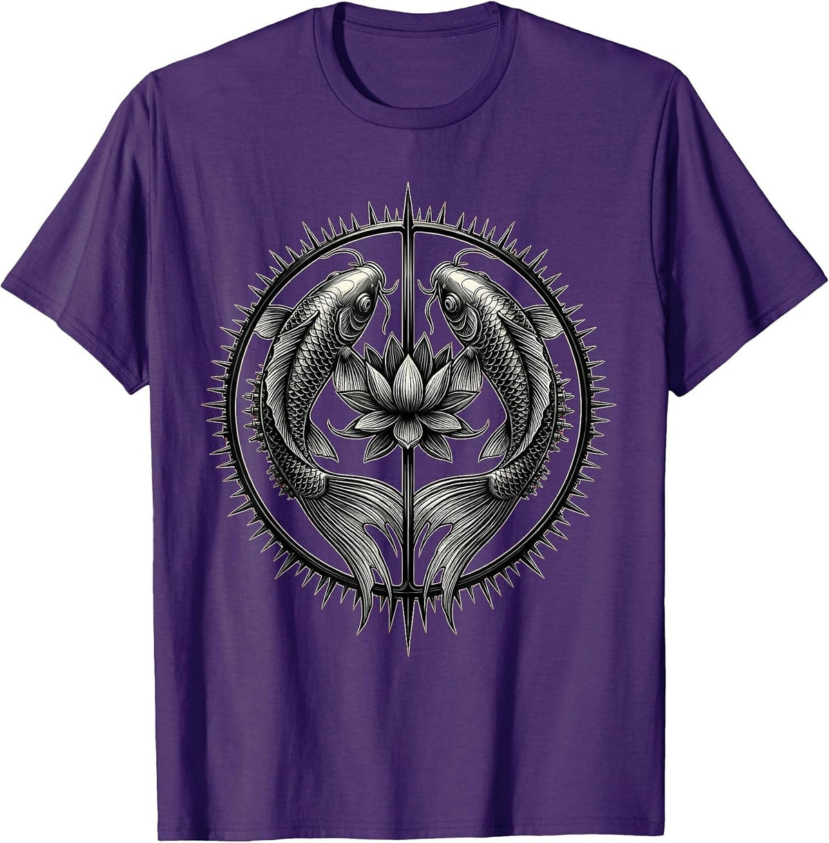 Men's Koi Fish Leaping Through Lotus Flowers Tattoo Art T-Shirt - Purple