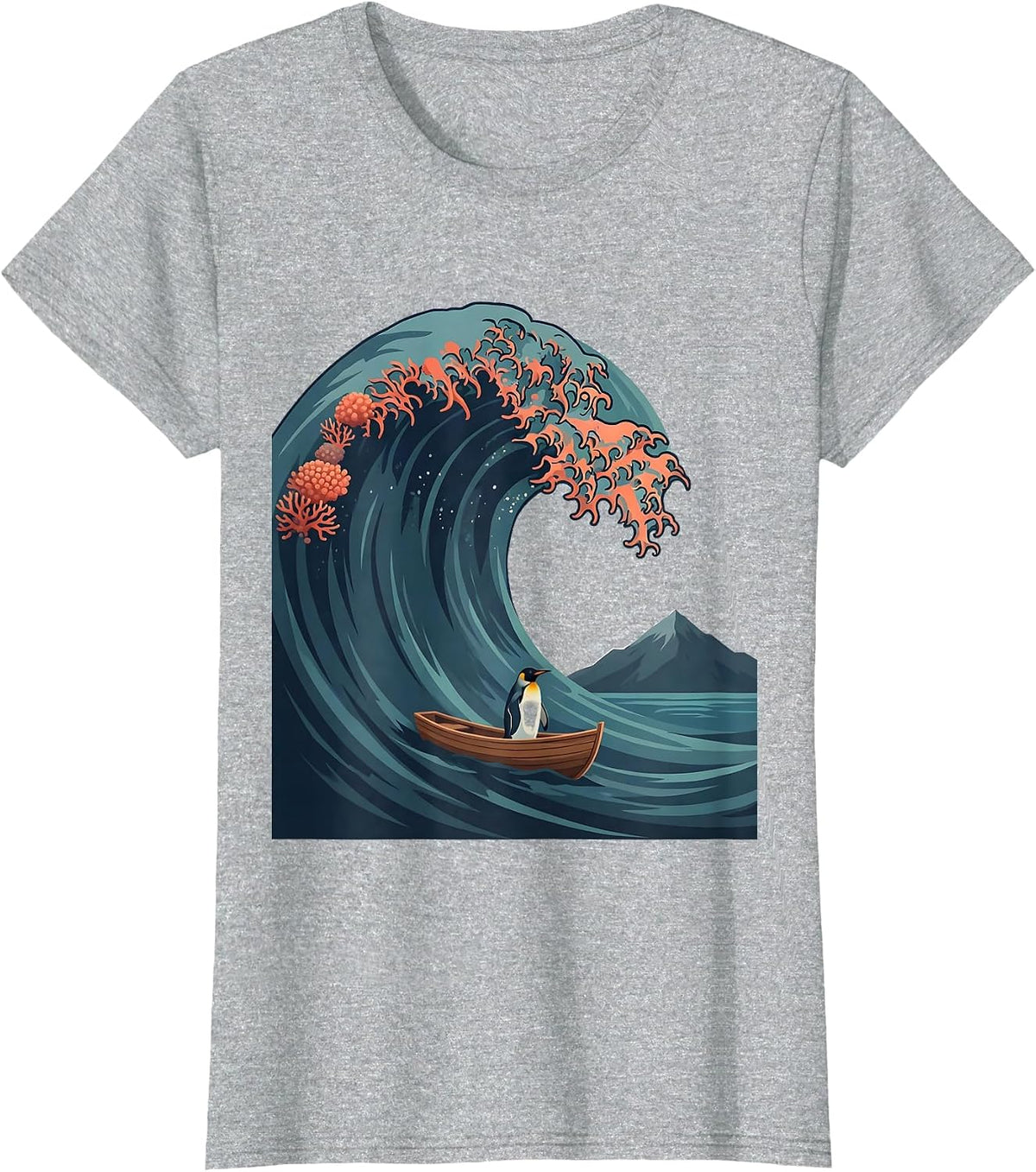Great Wave Tiny Penguin Flat Vector Animal Meme T-Shirt - Heather Grey
