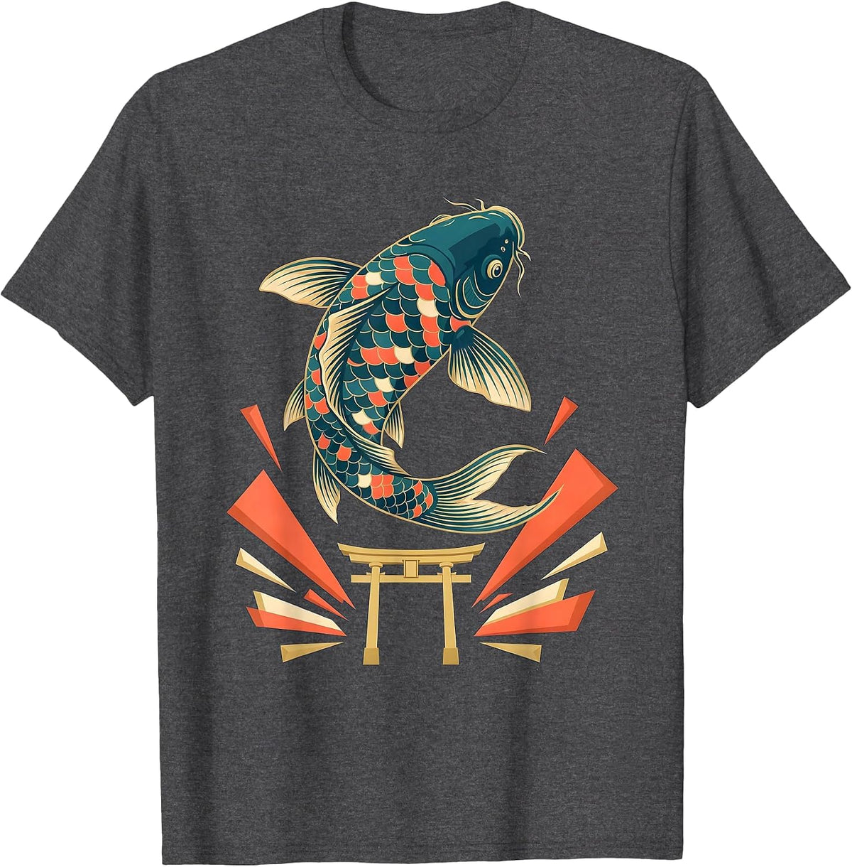 Giant Koi Fish Leaping Over Torii Gate Anime Art T-Shirt - Dark Heather Grey