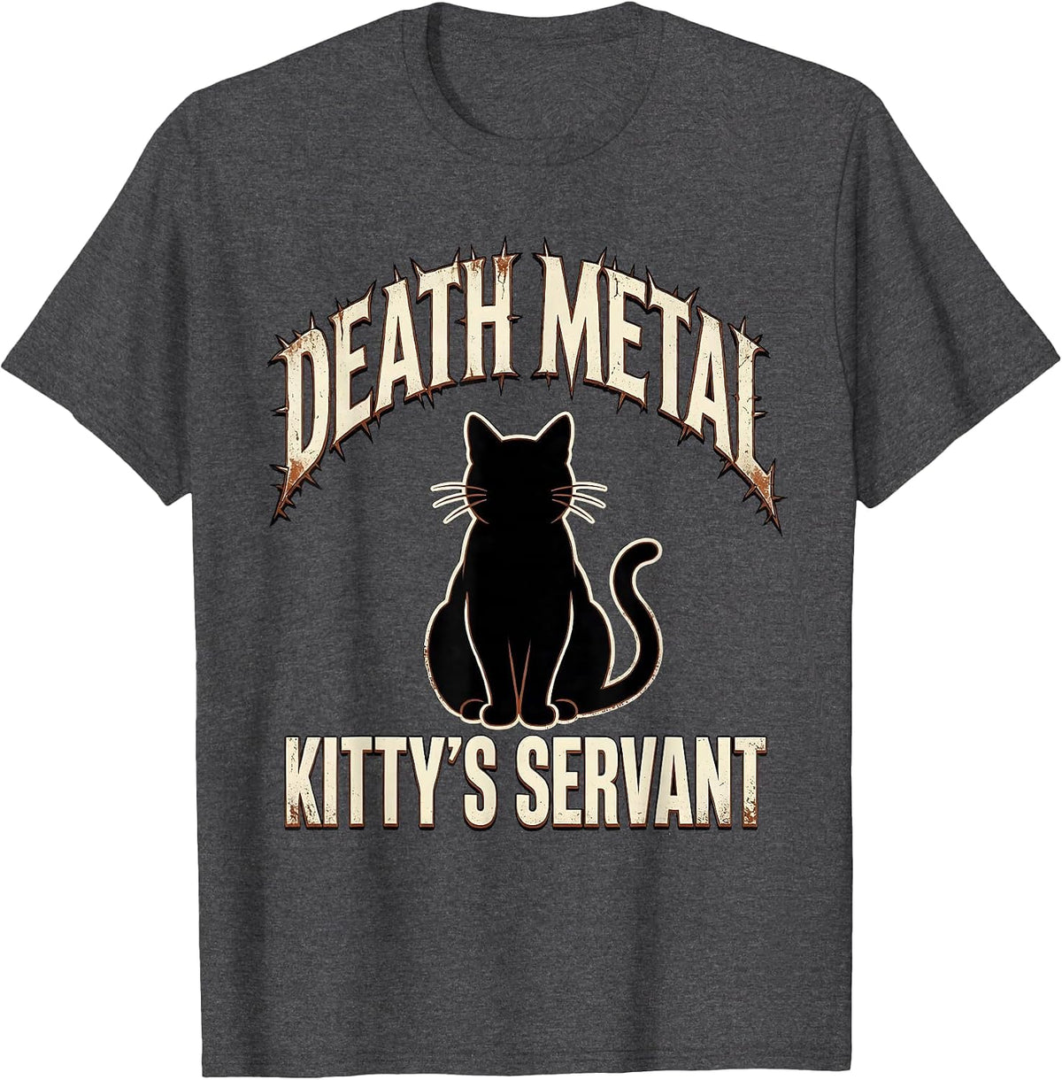 Men's Death Metal Kitty's Servant Distressed Funny Metalhead Cat T-Shirt - Dark Heather Grey