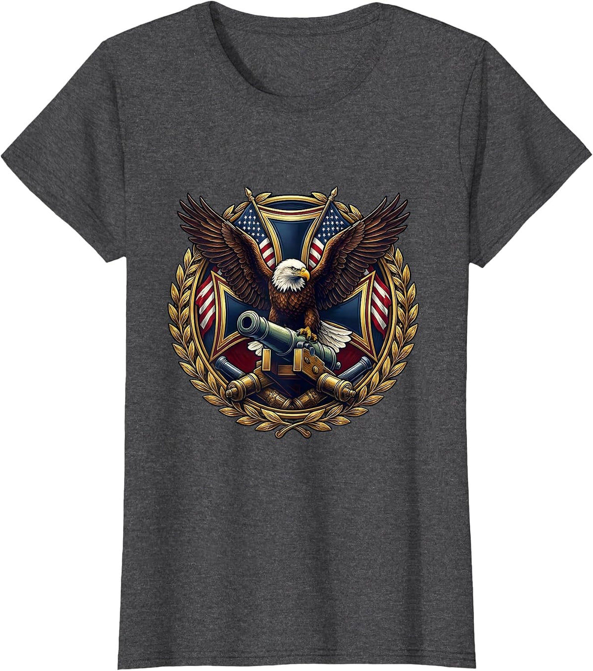 Women's Bald Eagle Perched on Artillery Cannon Patriotic T-Shirt - Dark Heather Grey