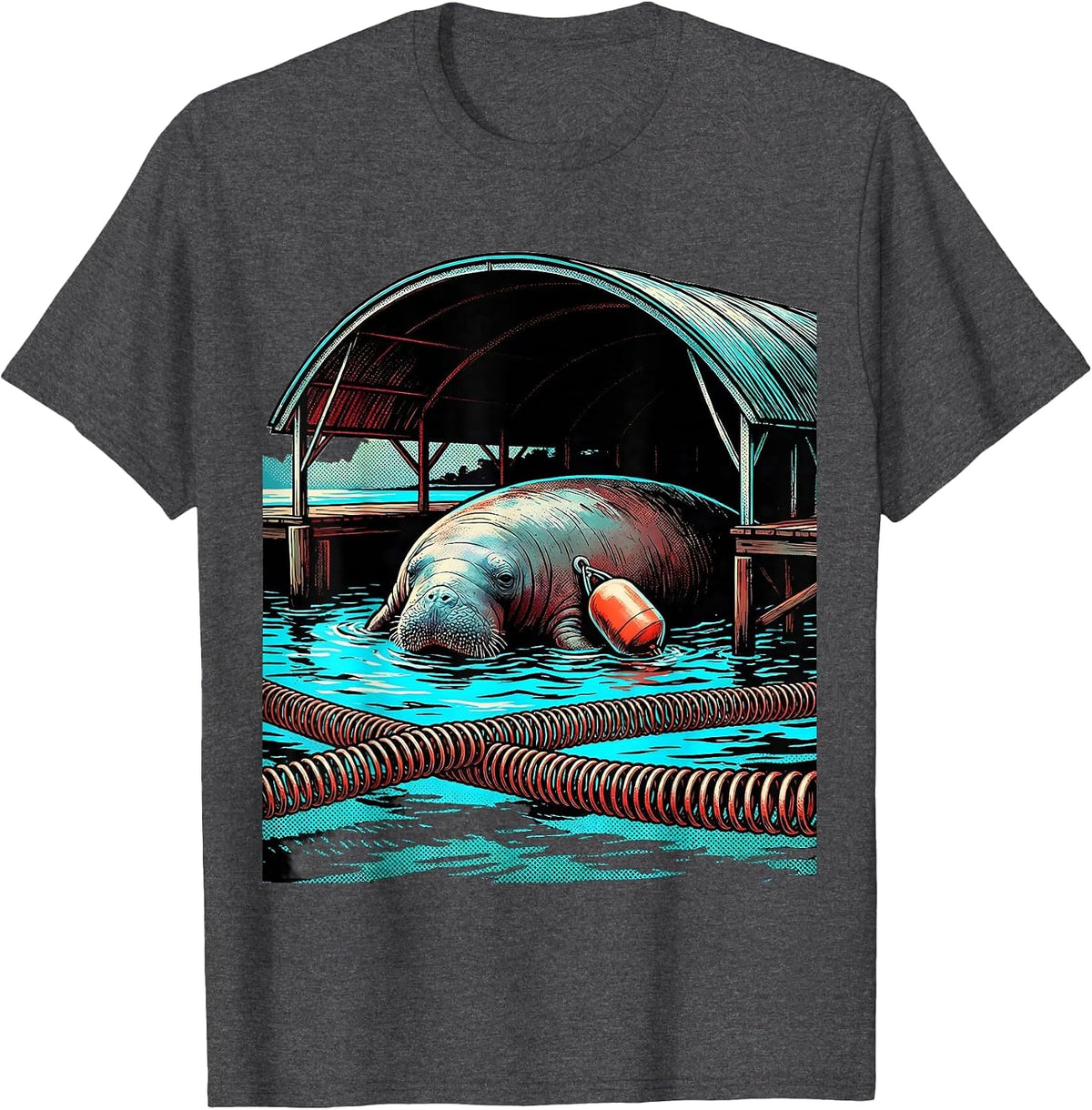 Manatee Under Dock Pop Art Manatee Lover Crystal River T-Shirt - Dark Heather Grey