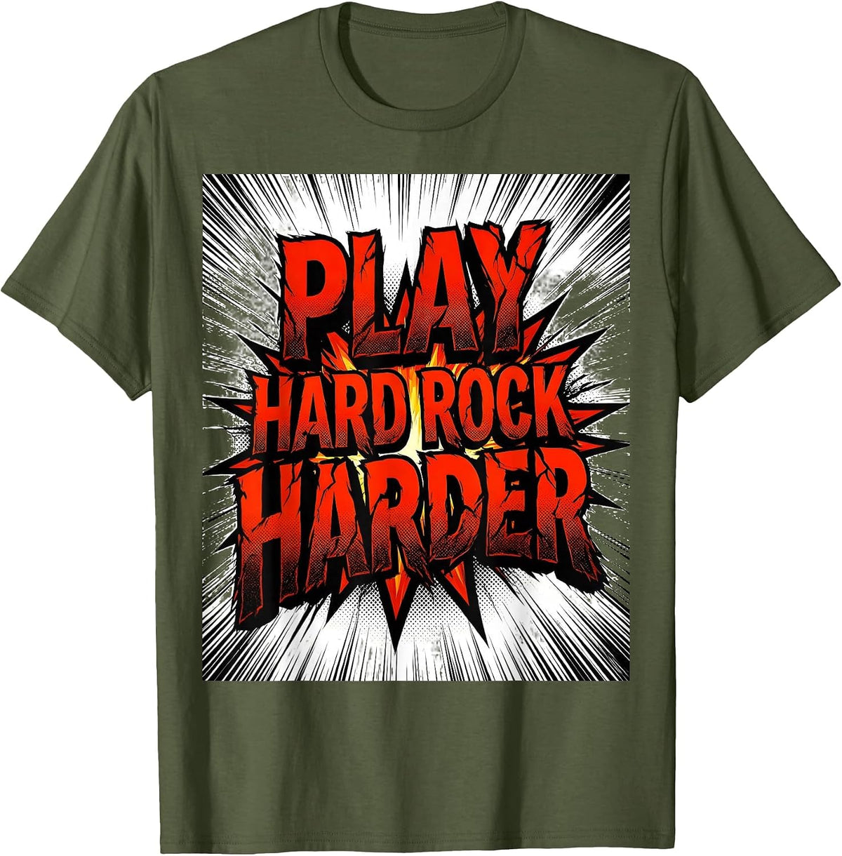 Play Hard Rock Harder Bold Band Graphic Design T-Shirt - Olive Green